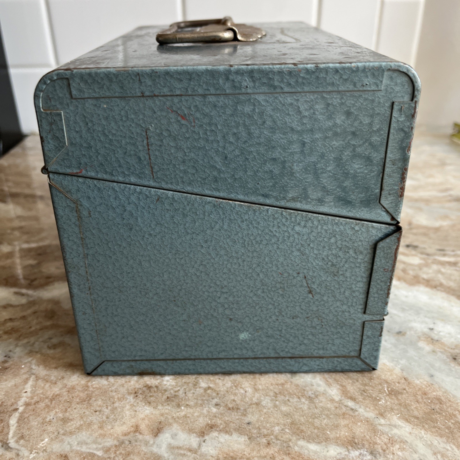 Vintage Logan De Luxe Movie Reel Chest Metal 5.5” X 7.5” Grey Blue With Handle
