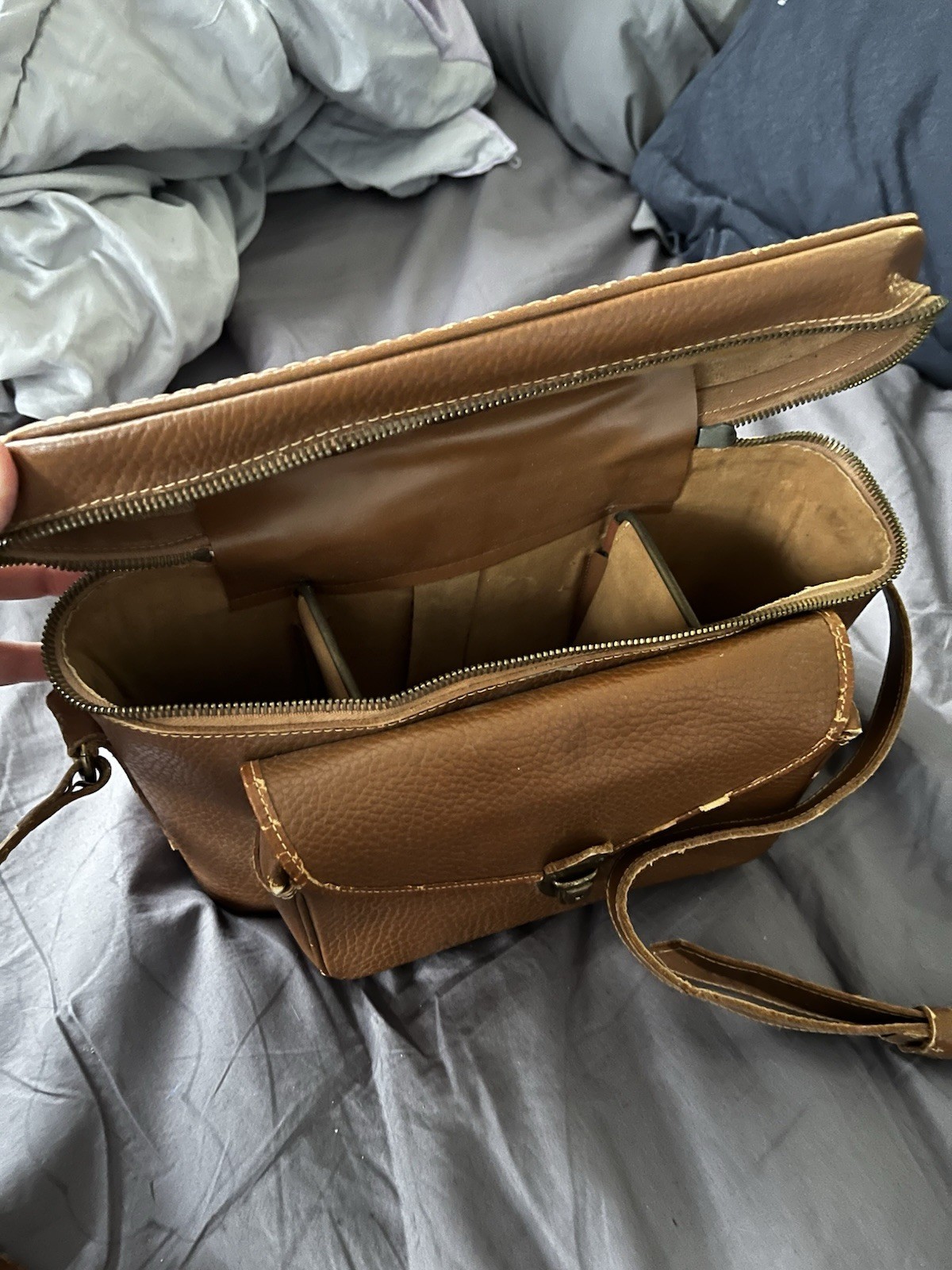 Vintage Brown Leather Camera Case with Compartments and Shoulder Strap