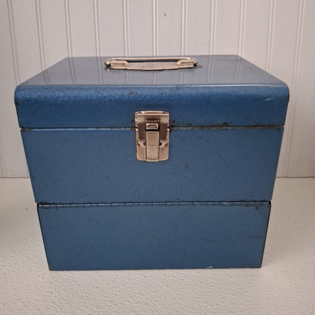 Vintage Metal Blue Logan De Luxe 8mm Movie Reel Chest Box Storage Case – 12 Slot