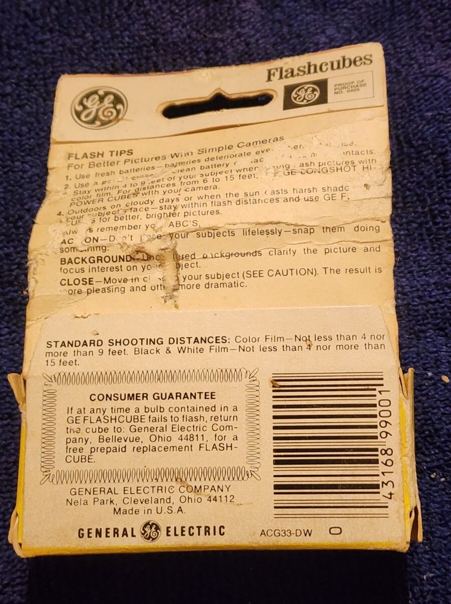Vintage General Electric Flashcubes Pack of 3 Cubes 12 Flashes Made in USA