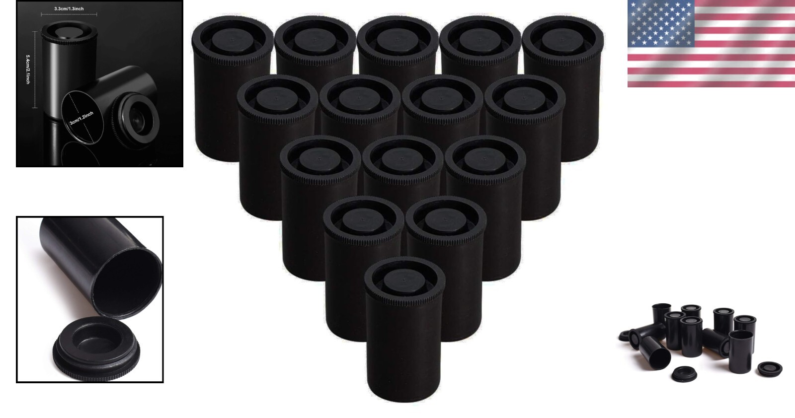 Lightweight Black Film Canisters with Sealing Lids – 15 Count for Versatile Use