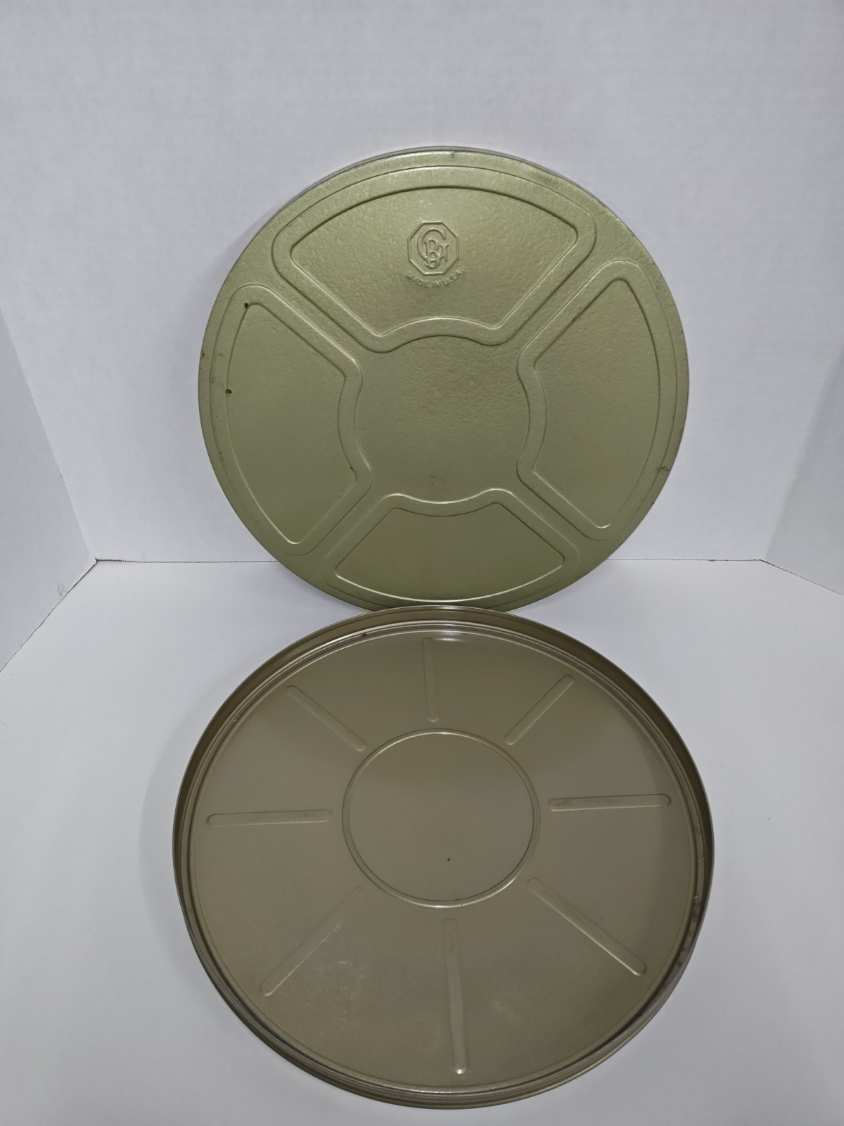 Vintage Goldberg Bros. Metal Film Reel Movie Storage Large Gold Green Canister