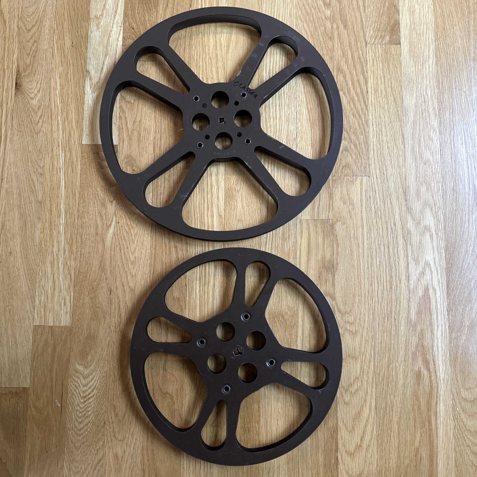 Metal Film Reel Goldberg Bros 12″ + 15” Made in USA Brown 4 Holes Vtg (Set of 2)
