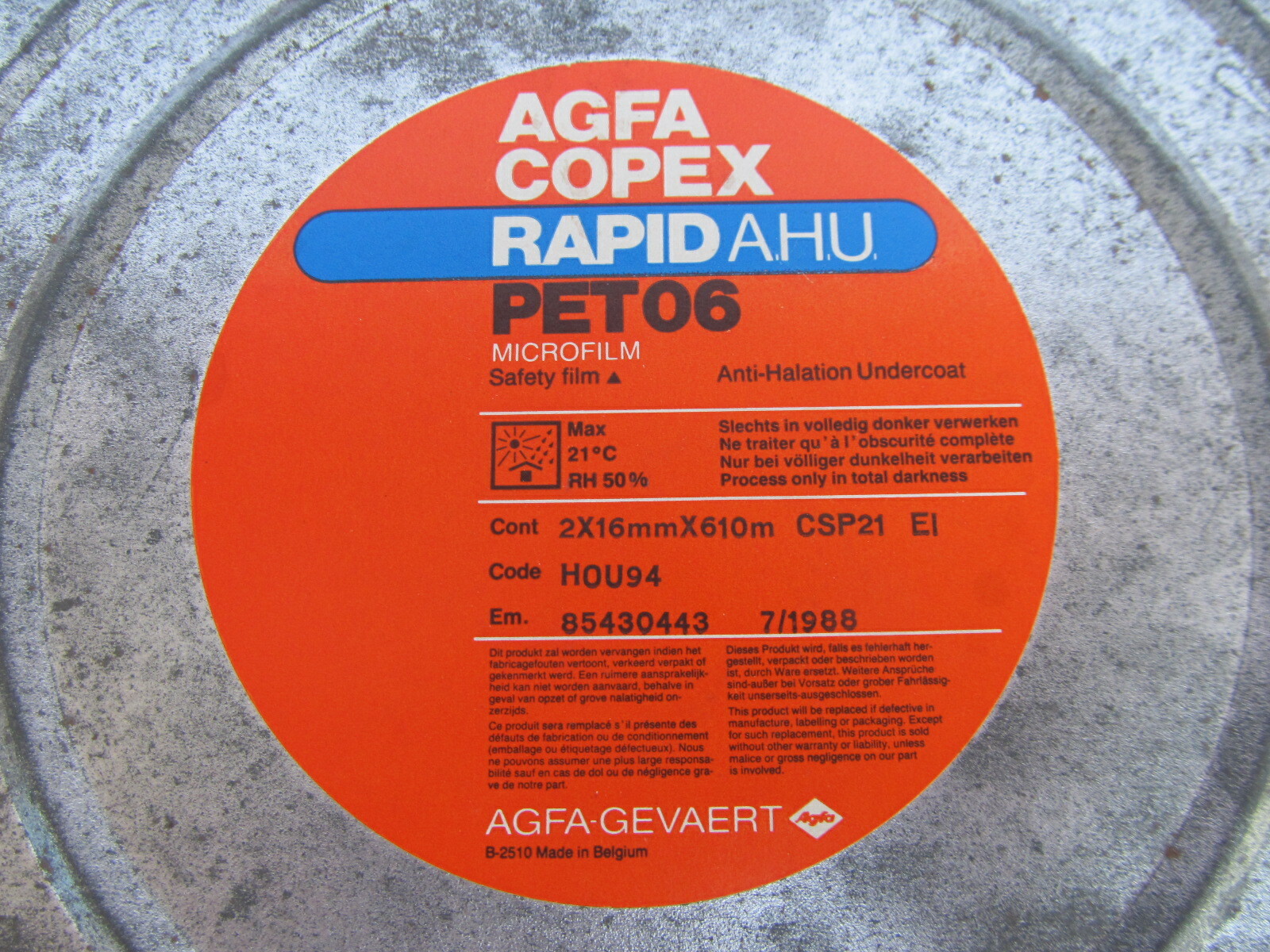 AGFA GEVAERT COPEX RAPID AHU PET 06 EMPTY 16 MM MICROFILM TIN 10.5 IN