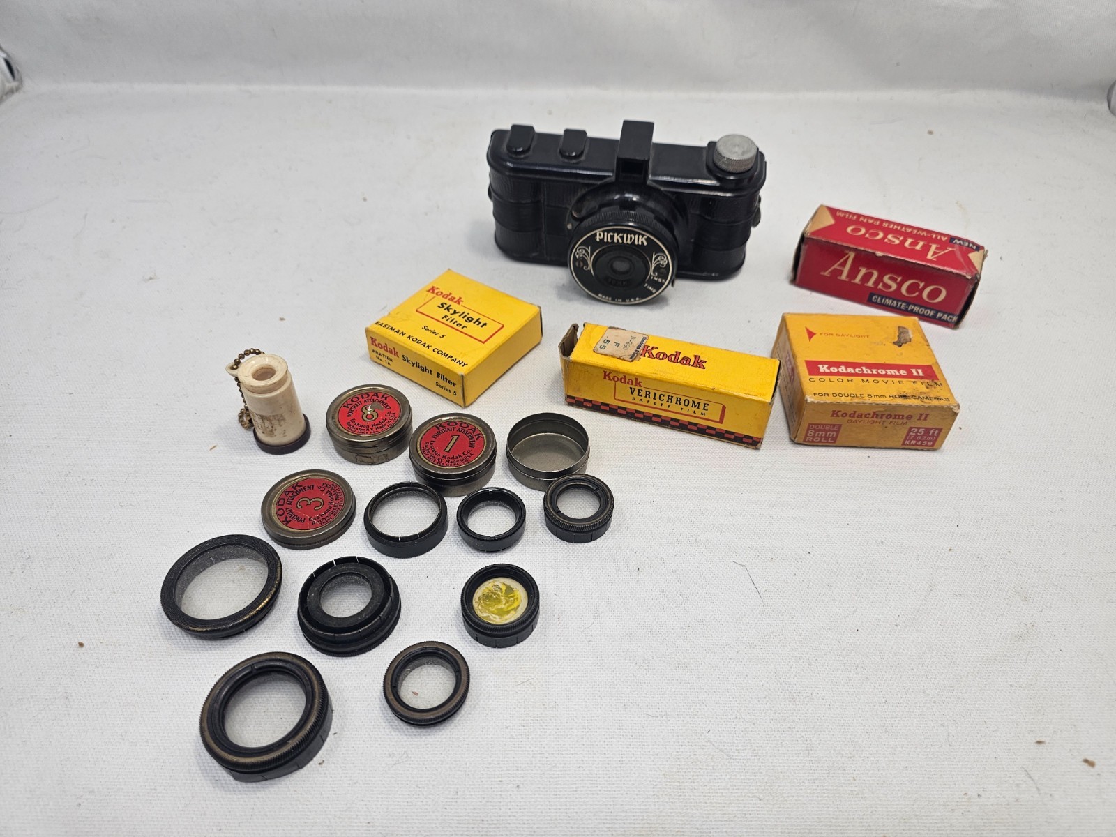 Vintage Pickwik 50mm Graf Lens Bakelite Camera Lot Kodak Filters Ansco Film