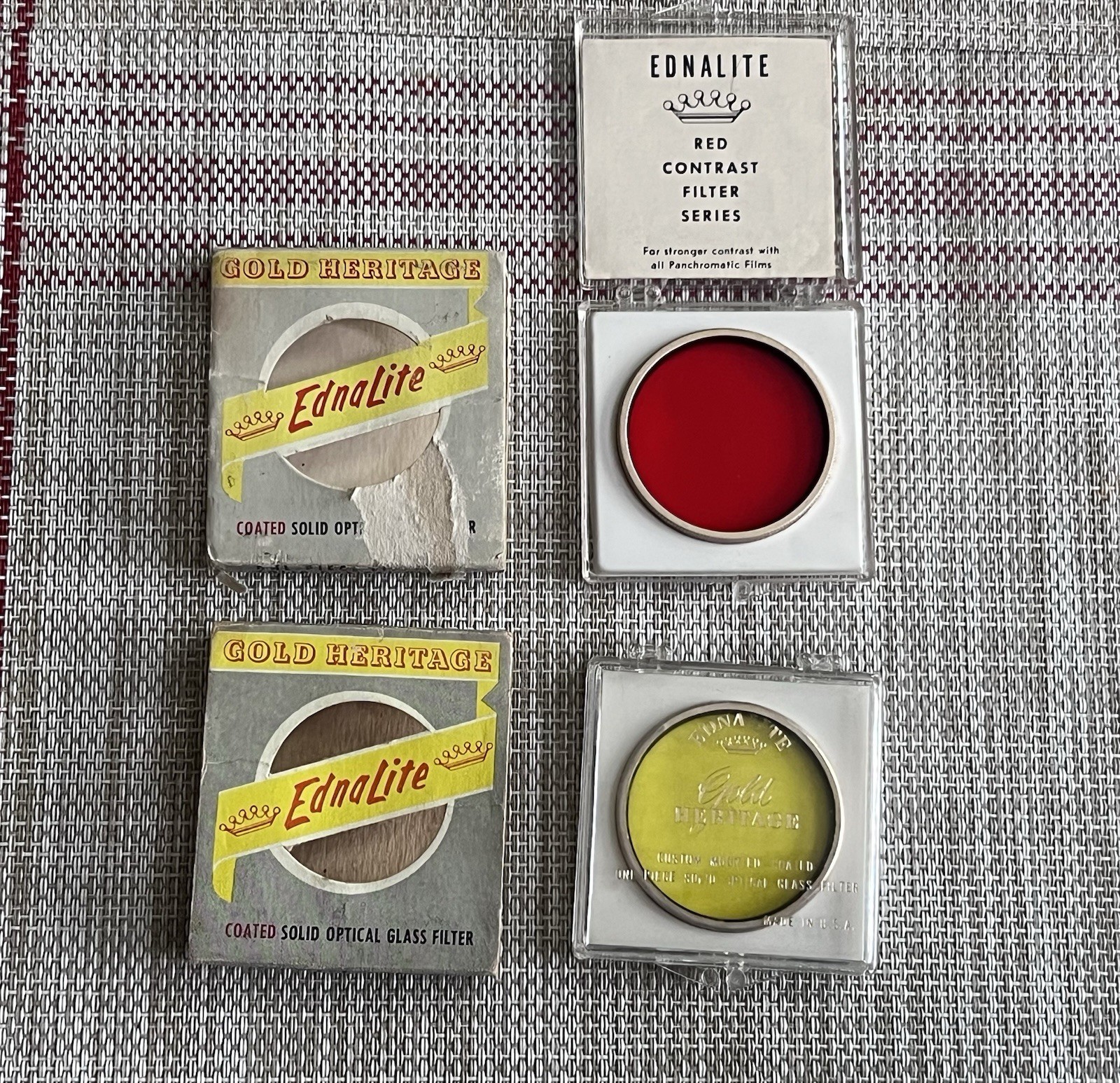 (2) Endalite Coated Solid Optical Glass Filter w Box R-2 (25A) Med Red & Yellow