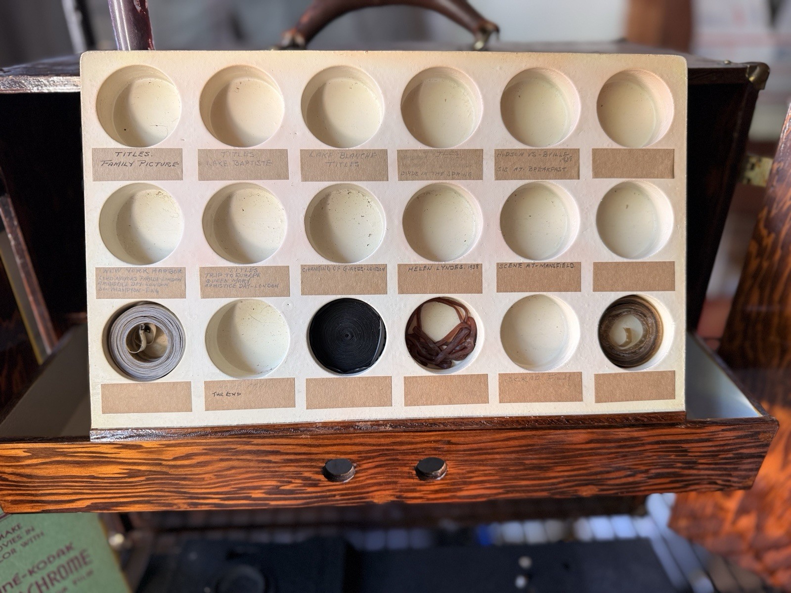 Vintage Kodak 8mm film splicing Kit in handmade wooden box