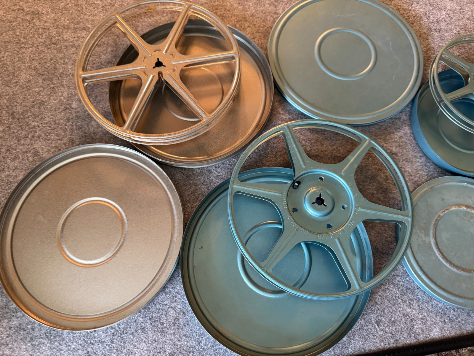 Vintage 3- Compco 7″ /5″ Metal Canisters -Kenco Take Up Film Reels 8mm