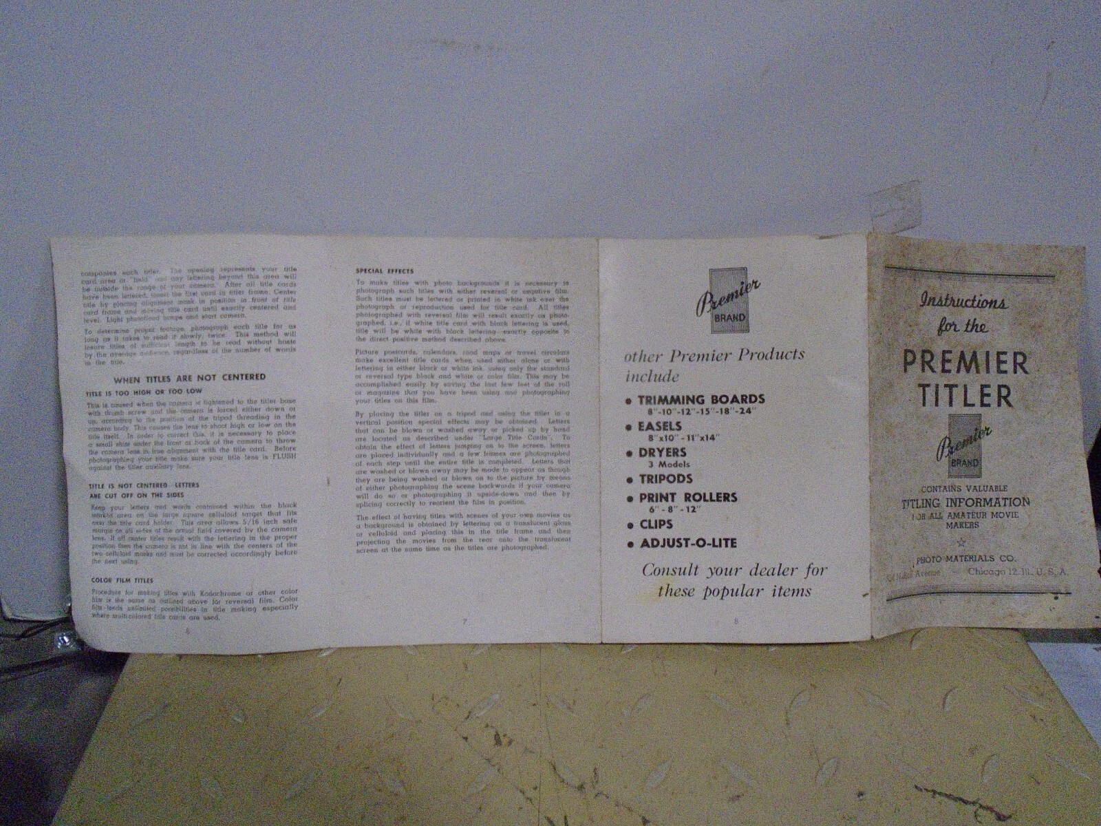 PREMIER BRAND MOVIE TITLER WITH INSTRUCTIONS VINTAGE PHOTOGRAPHY EQUIPMENT