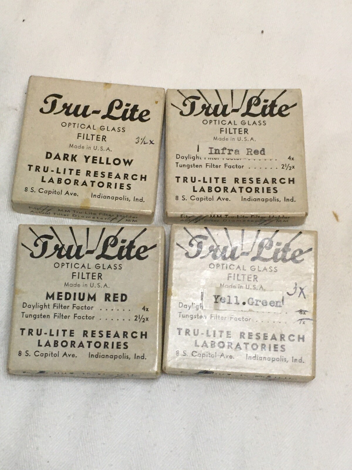 Vintage Lot 4 Tru-Lite Optical Glass Filters Infra Red Green Yellow Kit Research