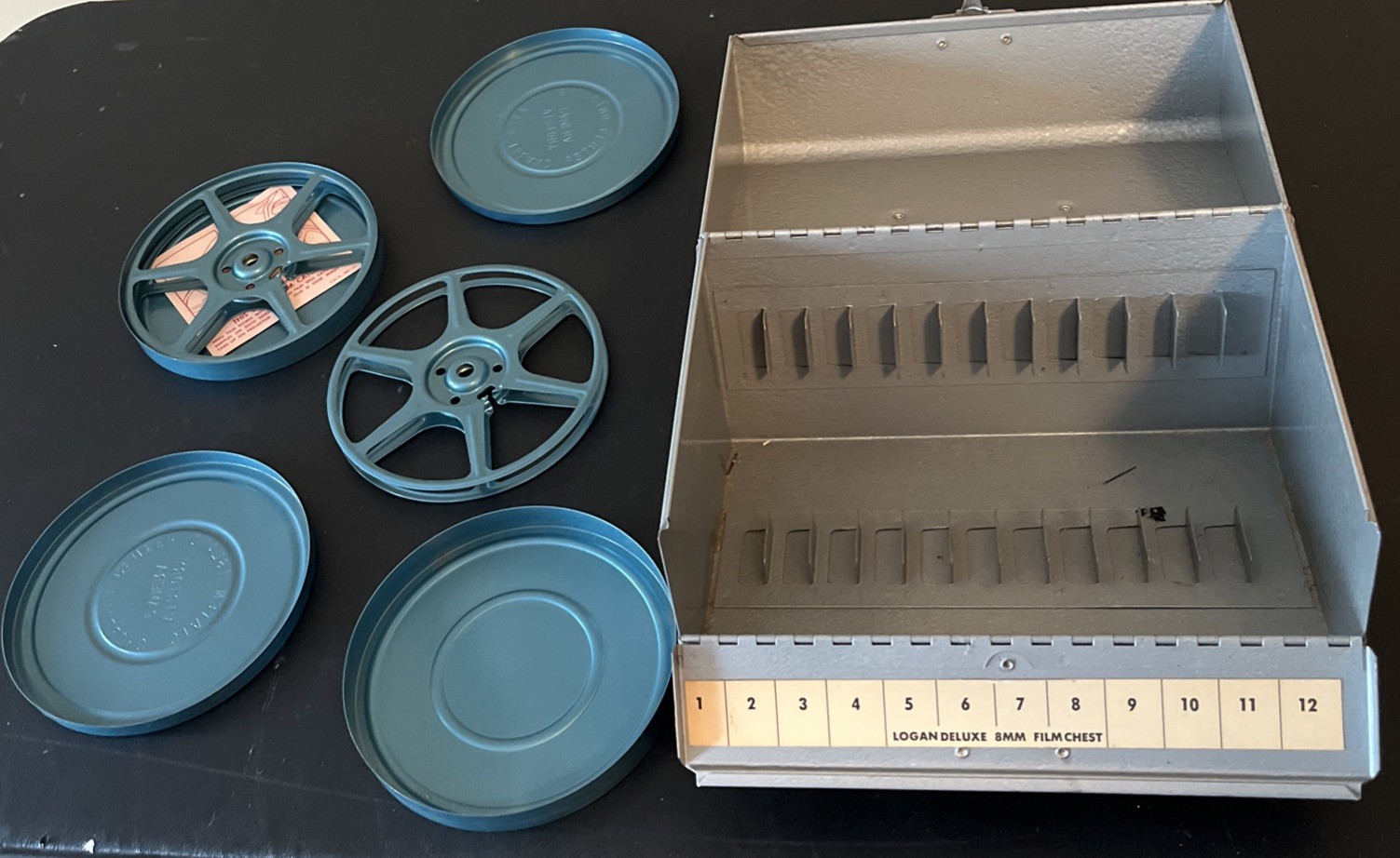 Logan Deluxe 8mm film carrying case for (12) 5” reels, 2 canisters incl