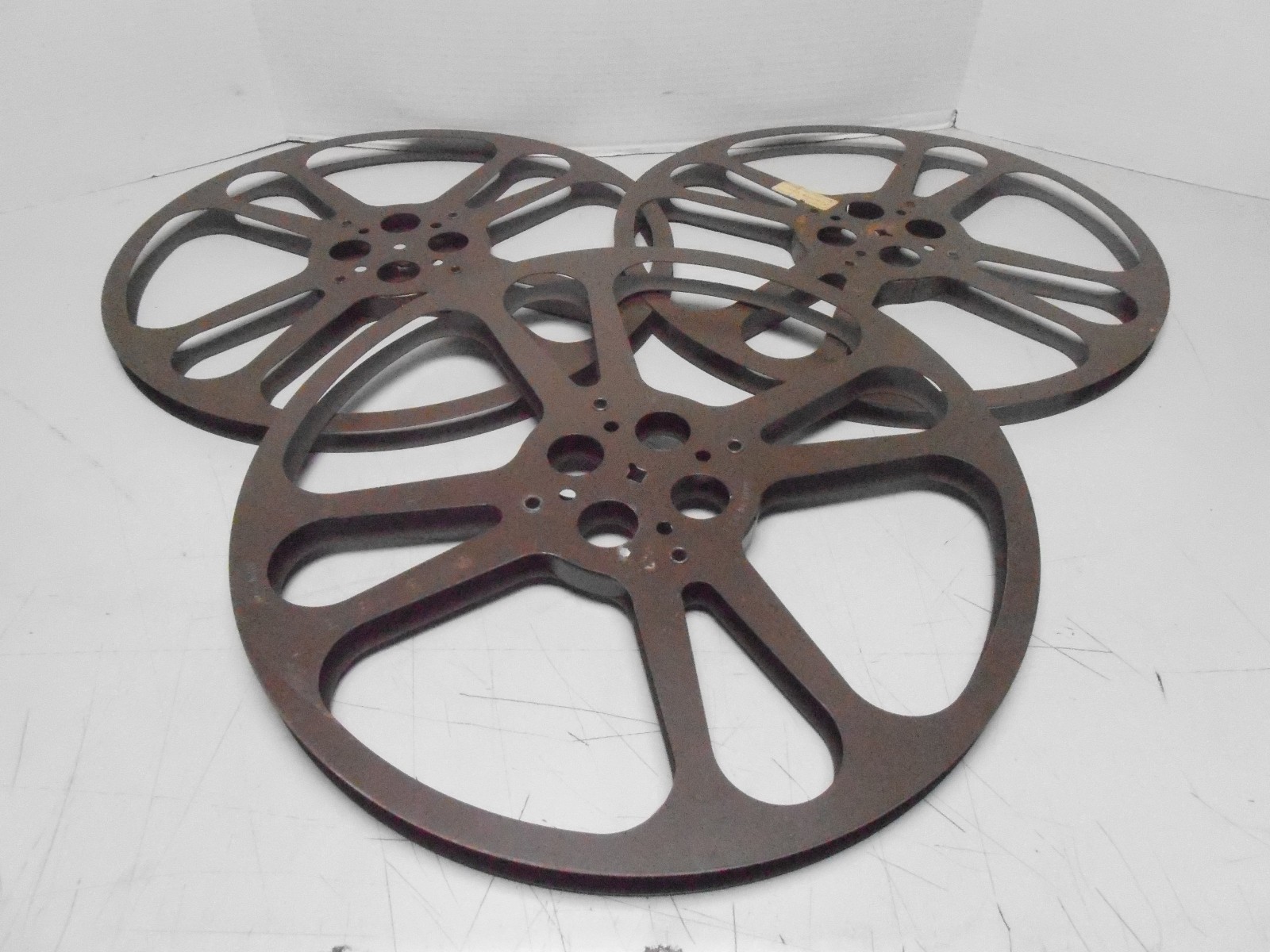 3x Vtg 2000′ 600m 16mm Metal Film Reel Goldberg Bros 15″ Movie Take Up 50 Min