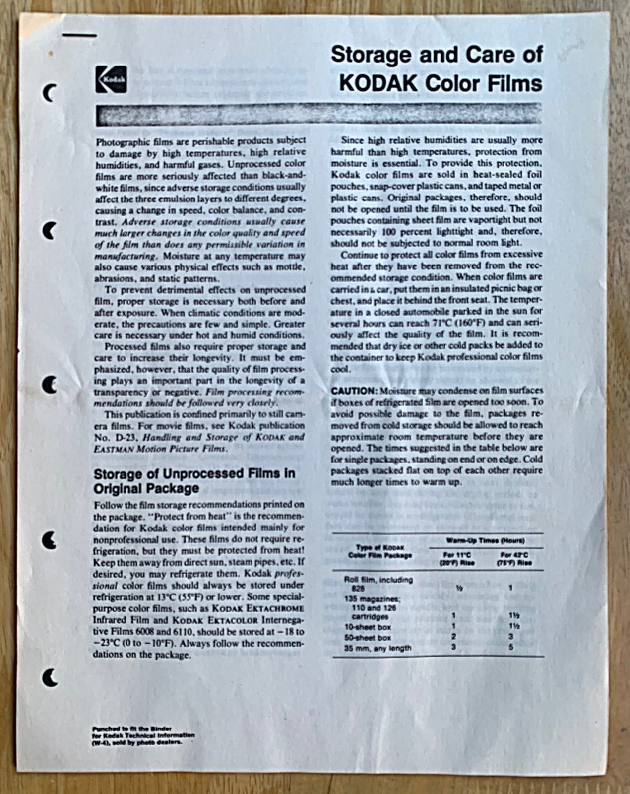Storage and Care of Kodak Color Films Vintage Instructions