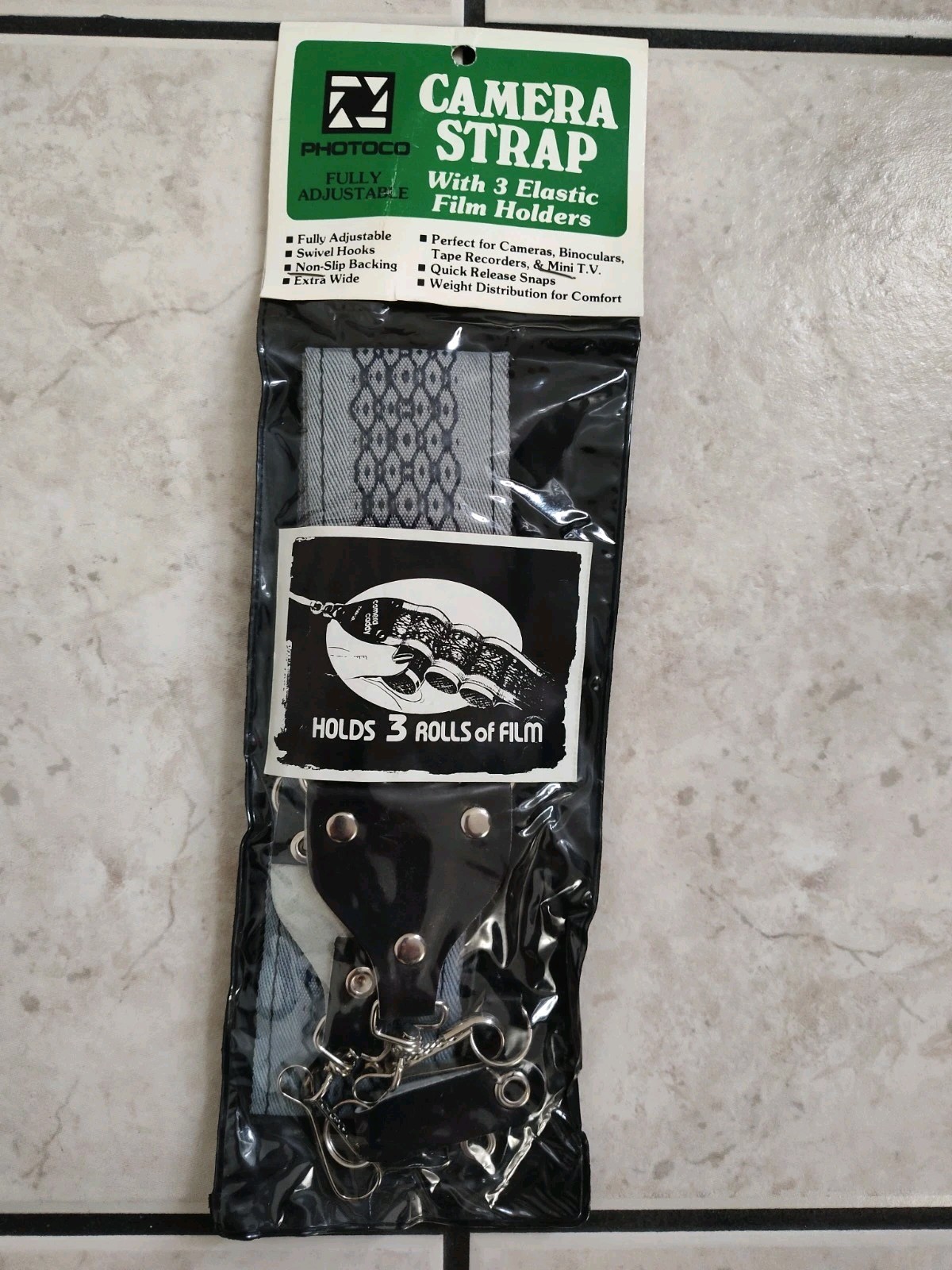 PHOTOCO CAMERA NECK STRAP Gray Honeycomb w/3 Film Holders Vintage NEW