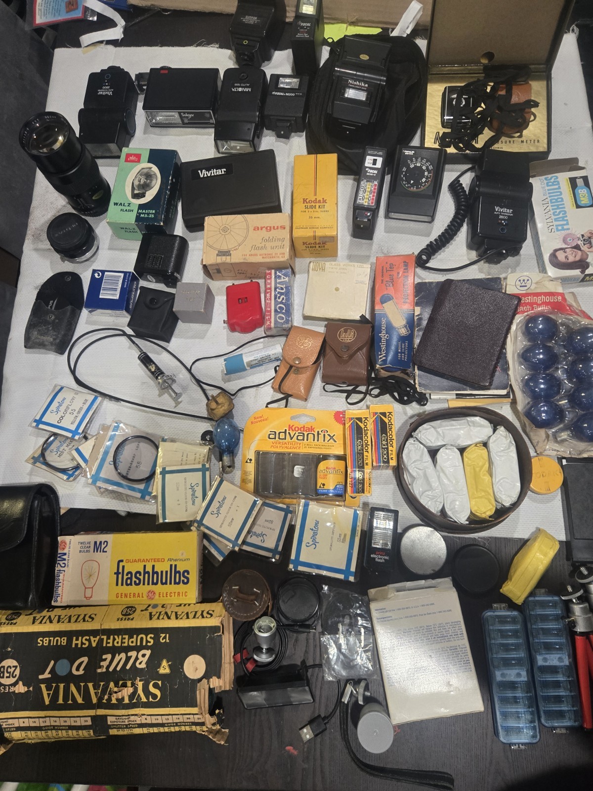 Huge Vintage Camera Accessory Lot Flashes Film Meters Filters Tripods Manuals