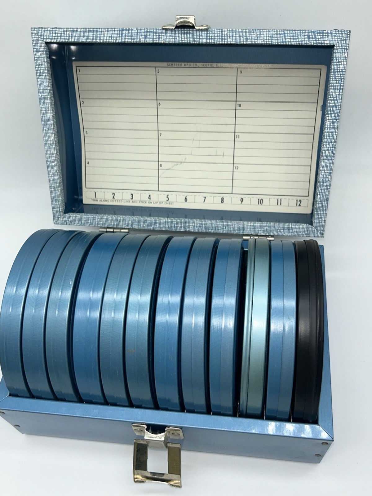 Vintage Complete BRUCE Metal Super 8mm Film Storage Case Box & 12 Canisters 1D