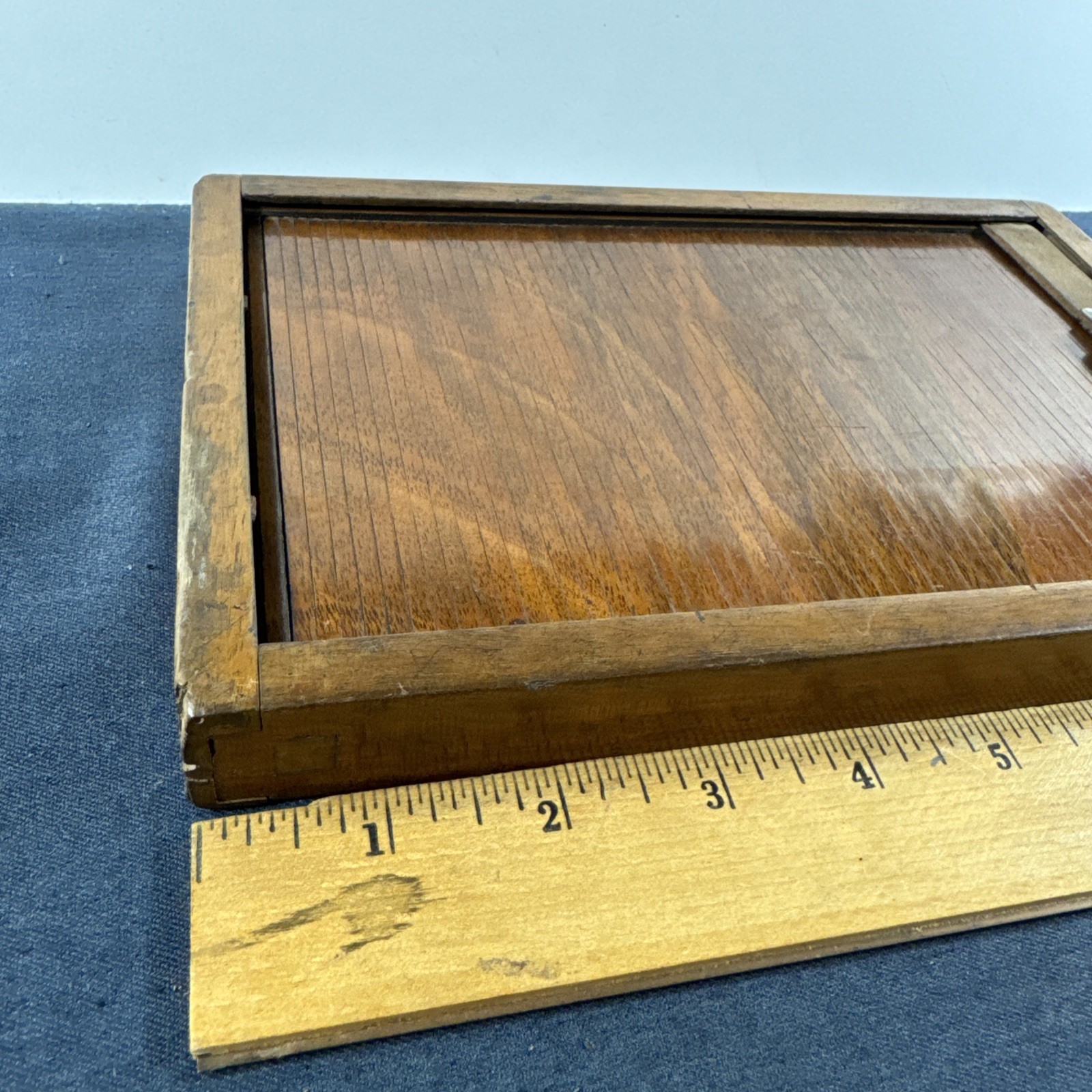 Rare Wooden 5x7in Glass Plate Double Sided Tambour Style Roller Blind Slide