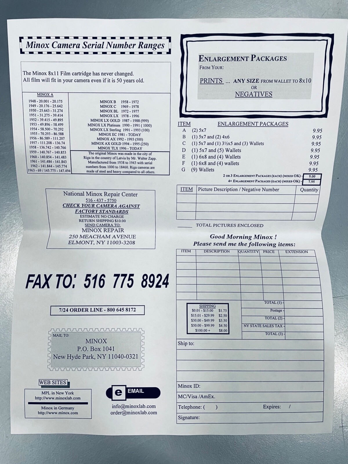 Minox 8×11 Ordering Packages Prints Repair Camera Serial Number Range Info Sheet