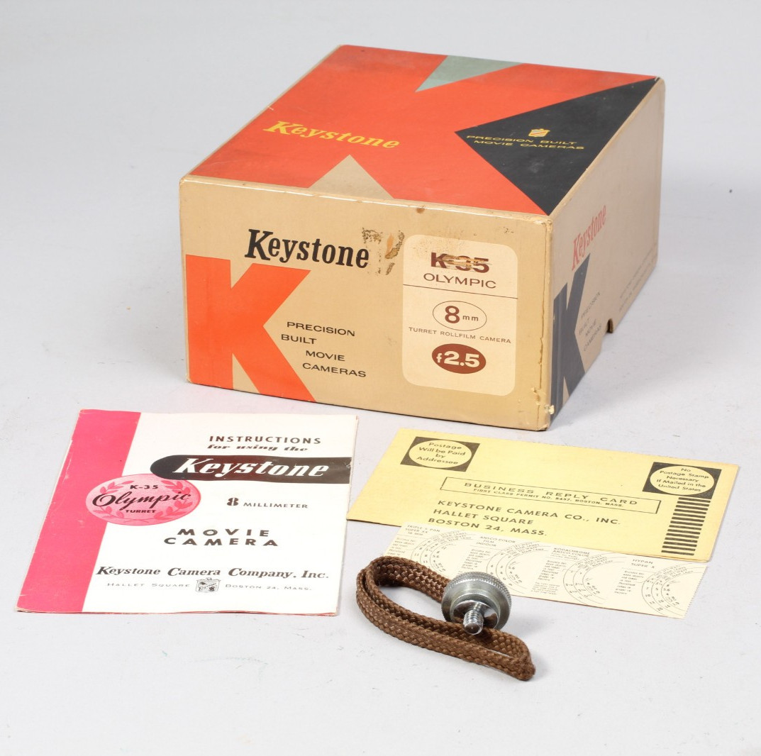KEYSTONE K35 OLYMPIC 8MM MOVIE CAMERA BOX W STRAP MANUAL AND EPHEMERA VERY CLEAN
