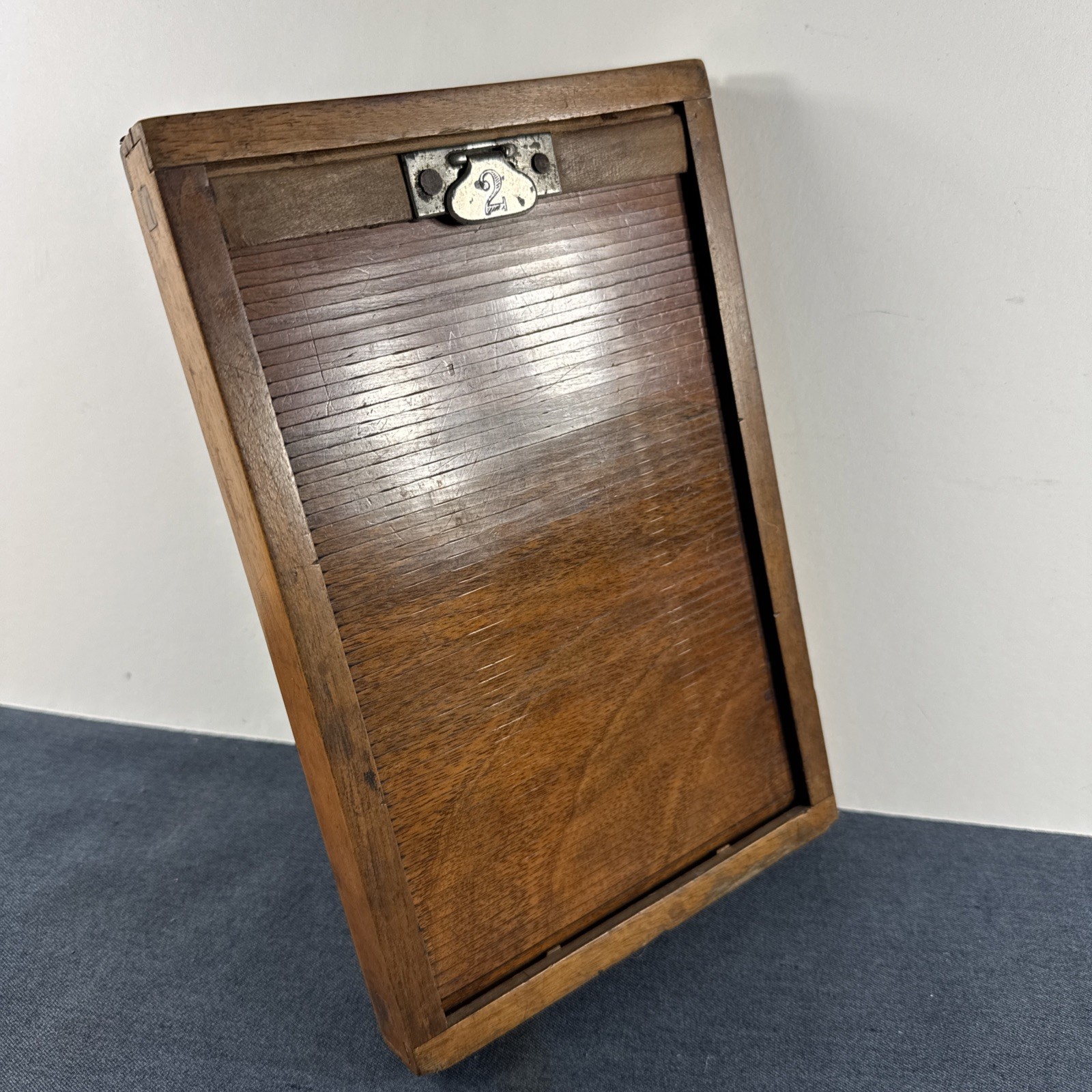 Rare Wooden 5x7in Glass Plate Double Sided Tambour Style Roller Blind Slide