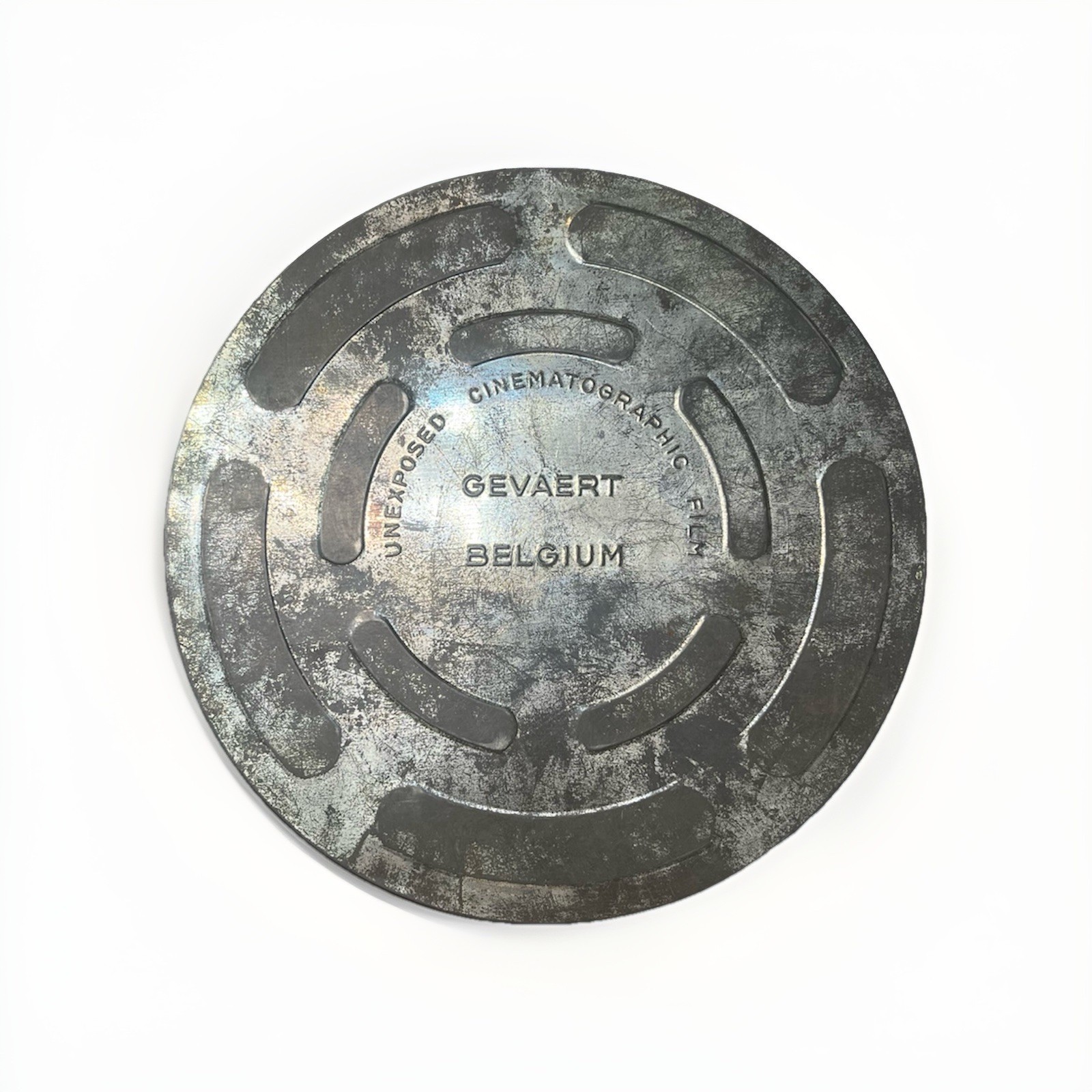 Vintage Film Canister Aluminum Gevaert Belgium 11″ “cinematographic film”. 1940