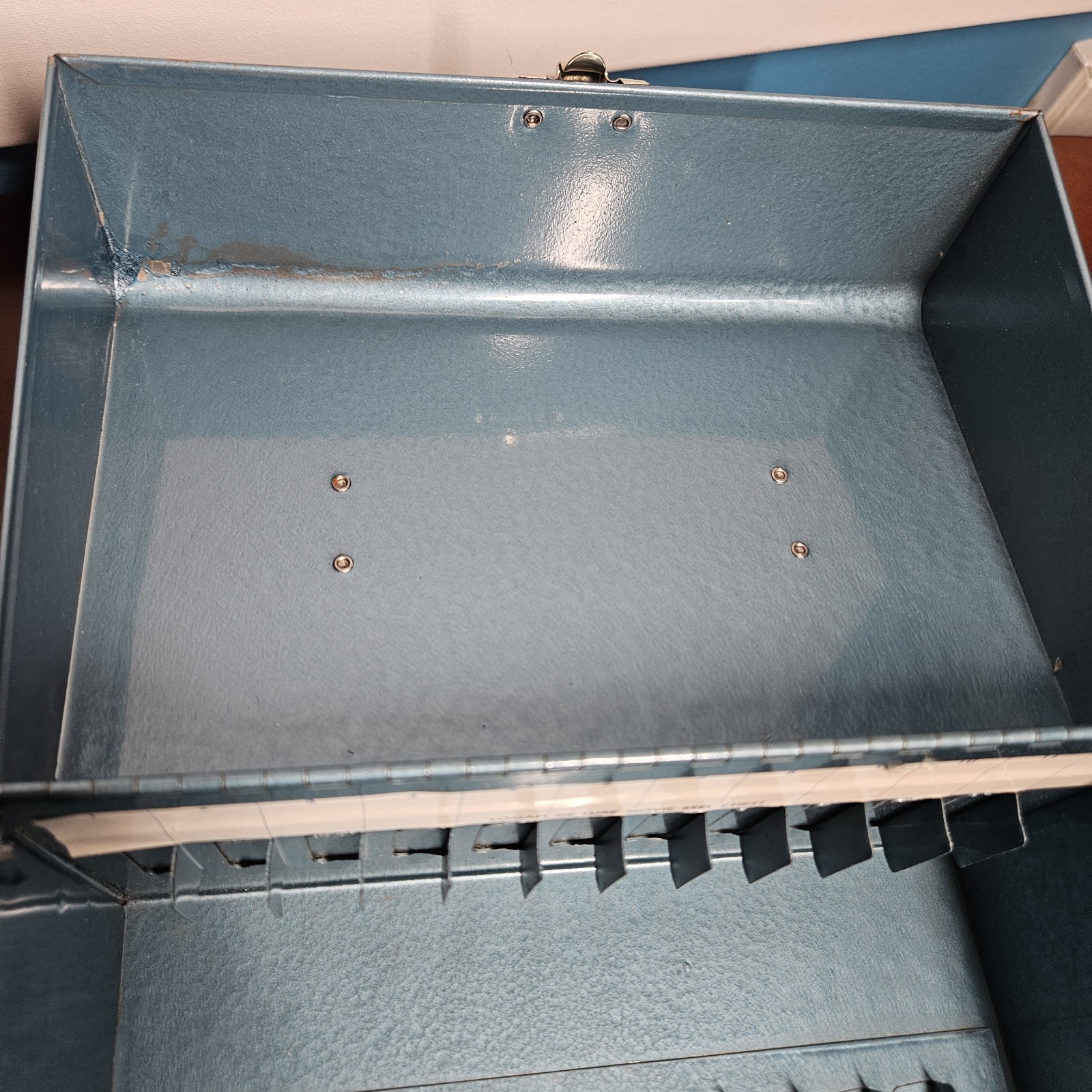 Vintage Logan Deluxe Metal 8mm Film Reel Metal Chest 12 Slots – Blue