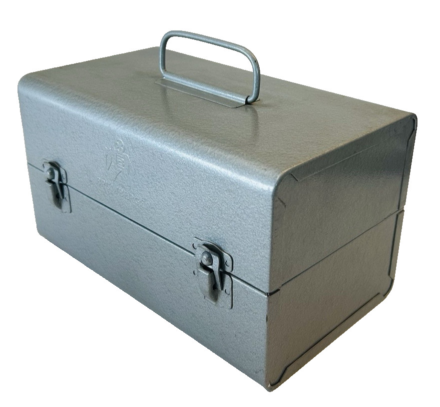 Vtg Brumberger Metal Film Reel Case Chest W/ 5 Scherer Reels & 5 Wards Cans USA