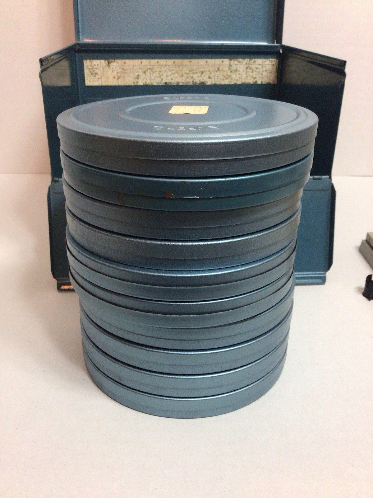 Vintage Logan Deluxe Movie Reel Chest, Blue Metal Holder 12 Canisters 8mm Super8