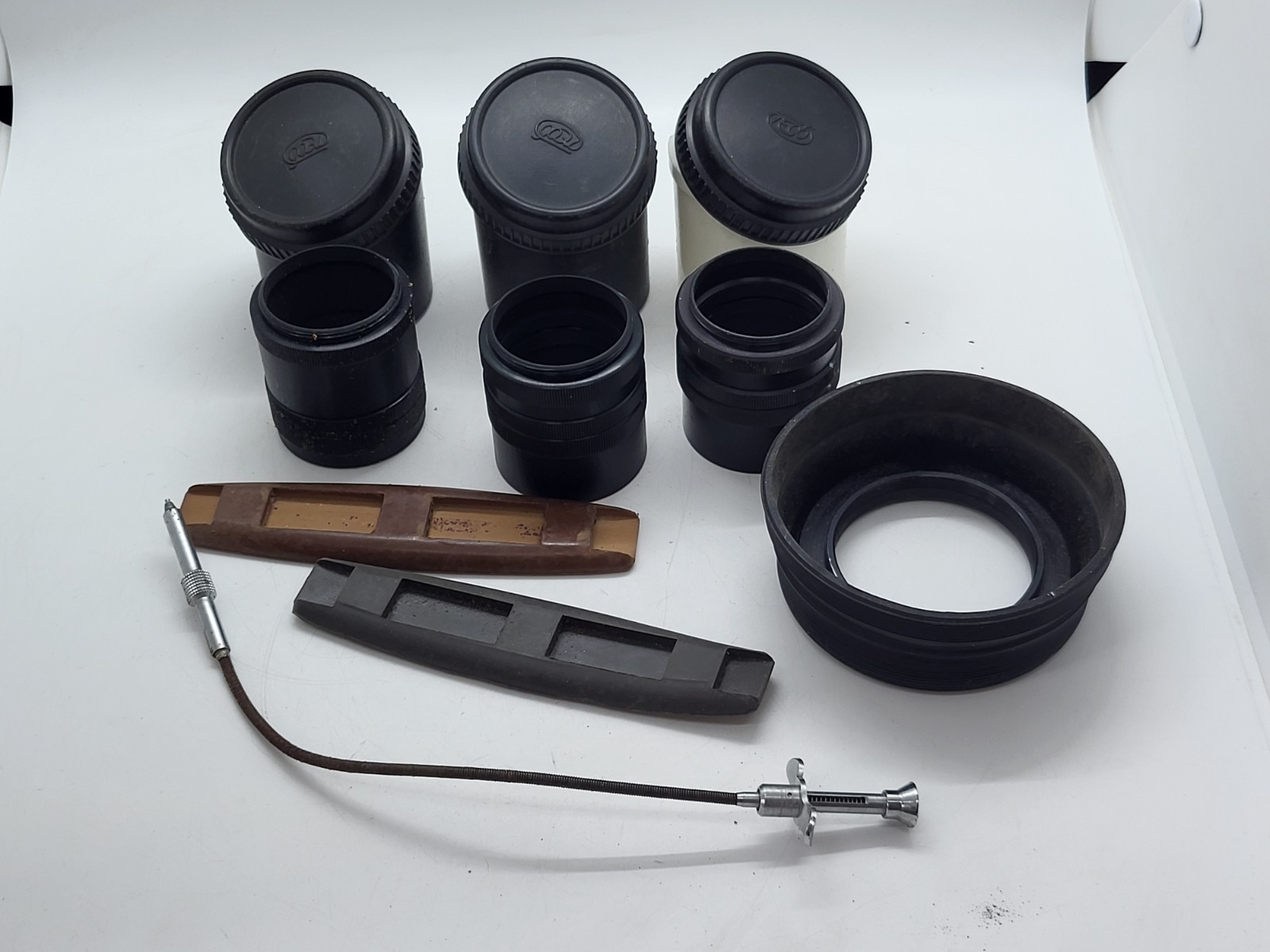Vintage photography accessories: Extension rings shutter release cable lens hood
