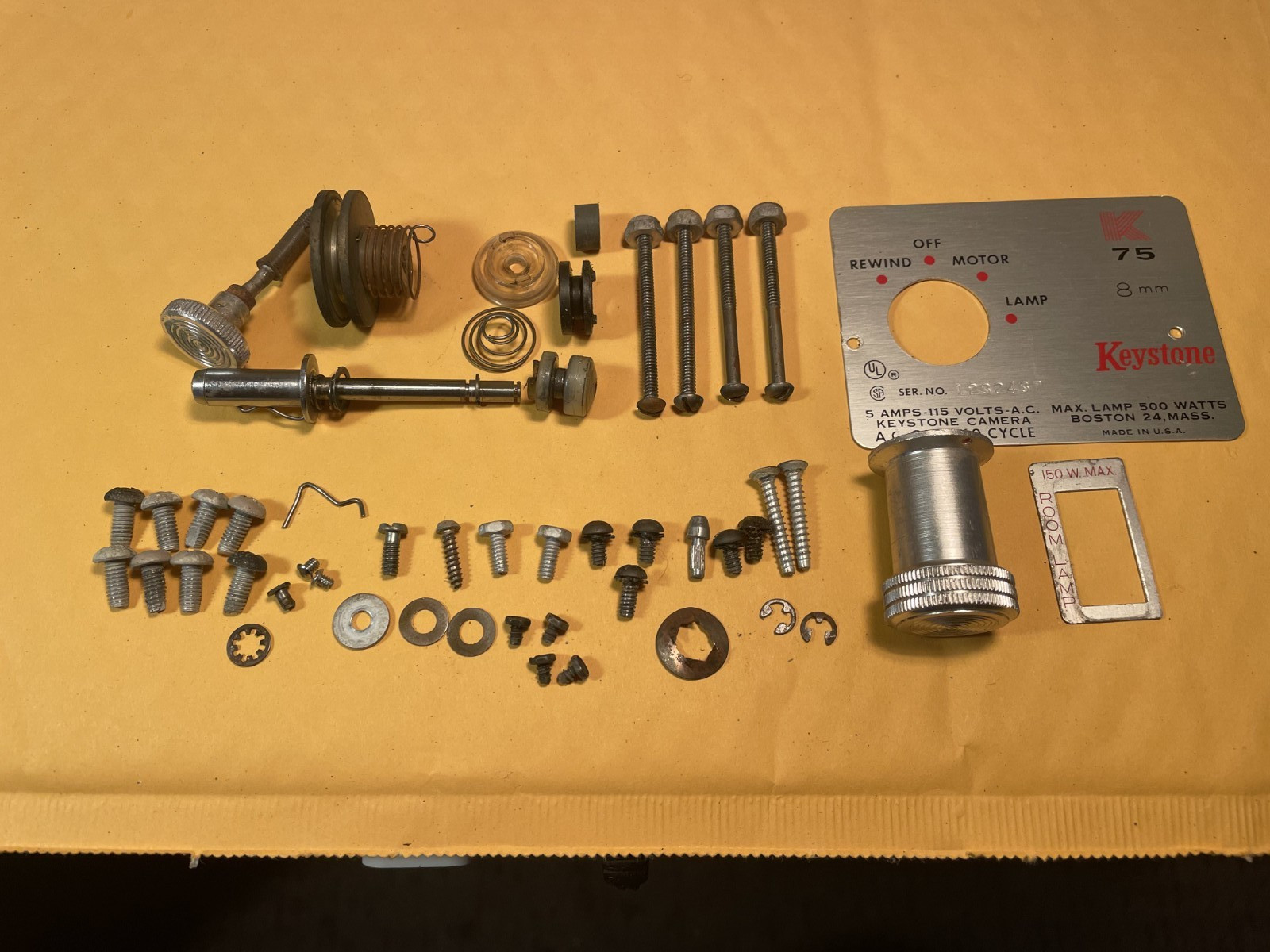 8mm Keystone K-75 Projector SCREWS, PULLEYS, MISC PARTS