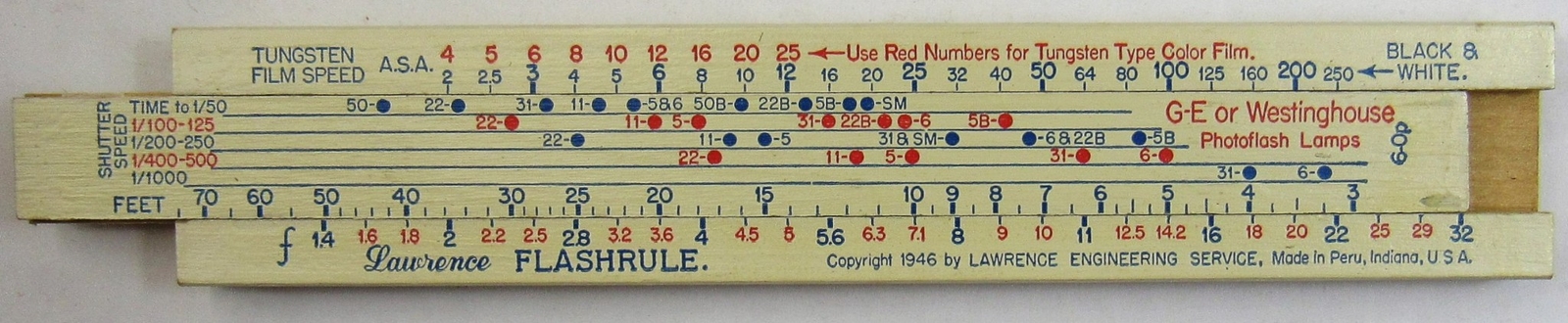 1946 Lawrence Flashrule Photography Flash Slide Rule Film Speed ASA Peru IN USA