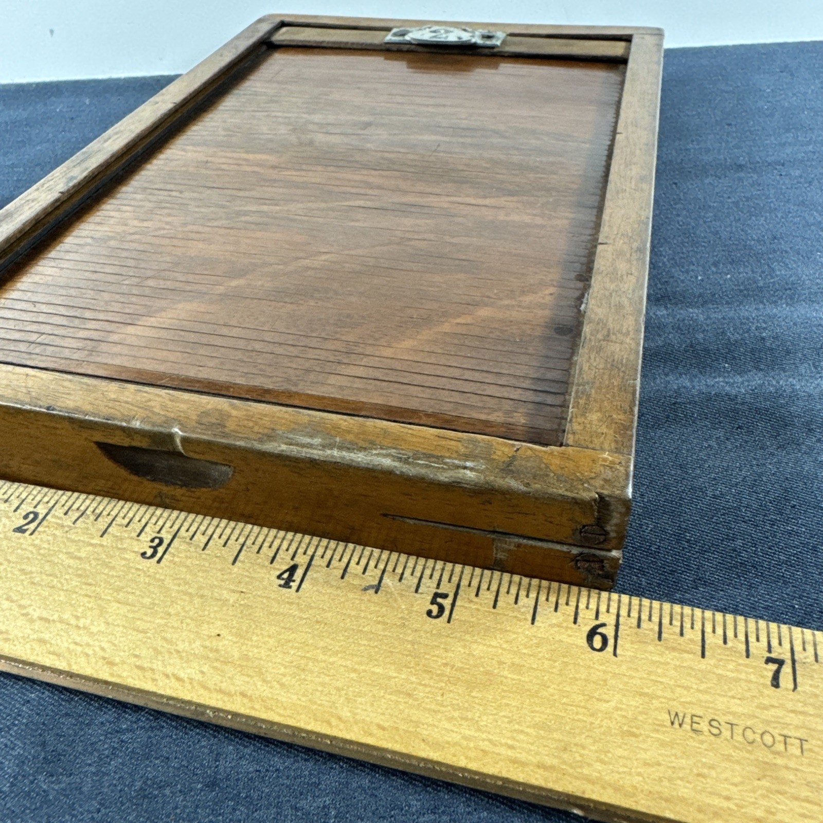 Rare Wooden 5x7in Glass Plate Double Sided Tambour Style Roller Blind Slide