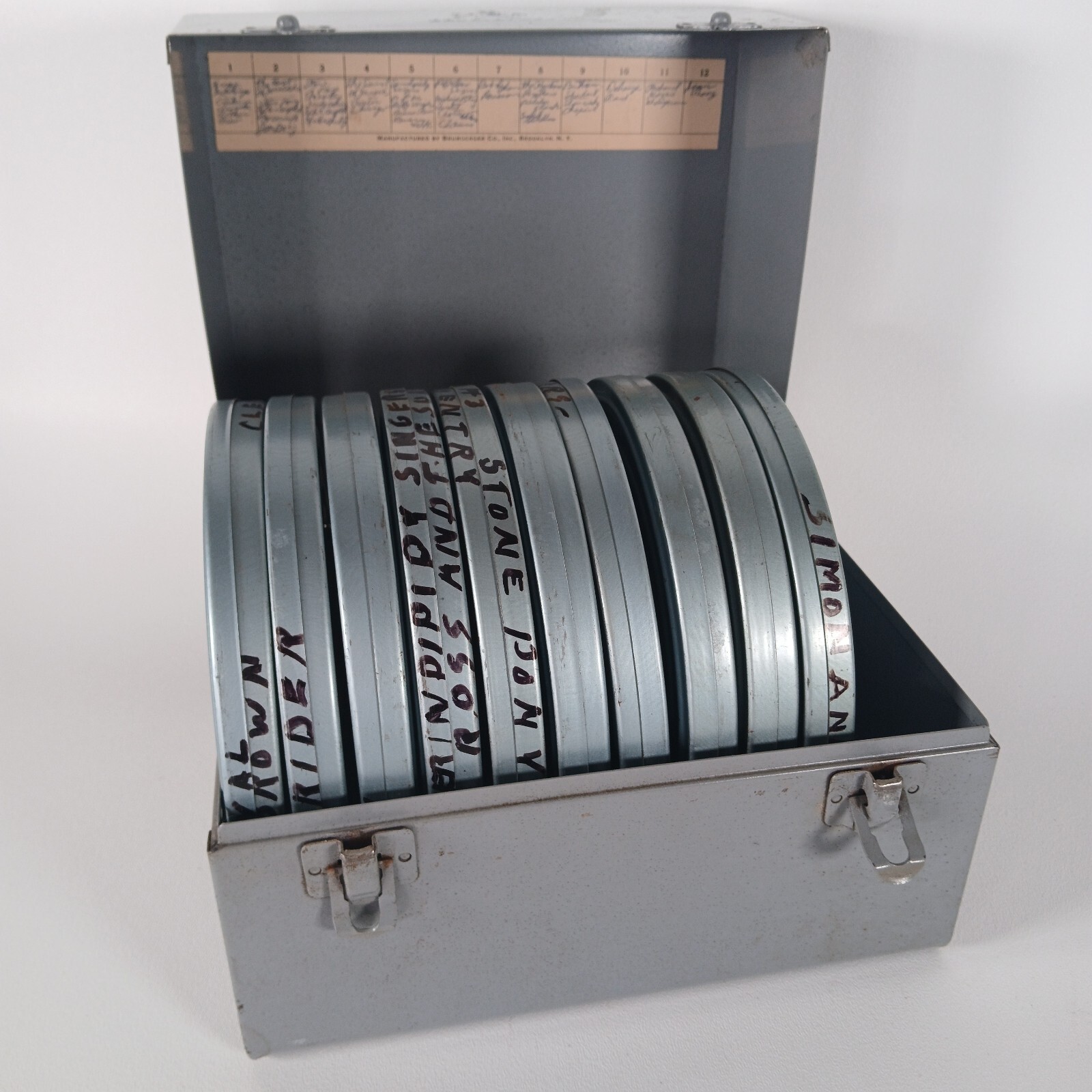 Vintage 50s Brumberger All Metal Movie Reel Box W/ 10 Empty Lafayette Cases