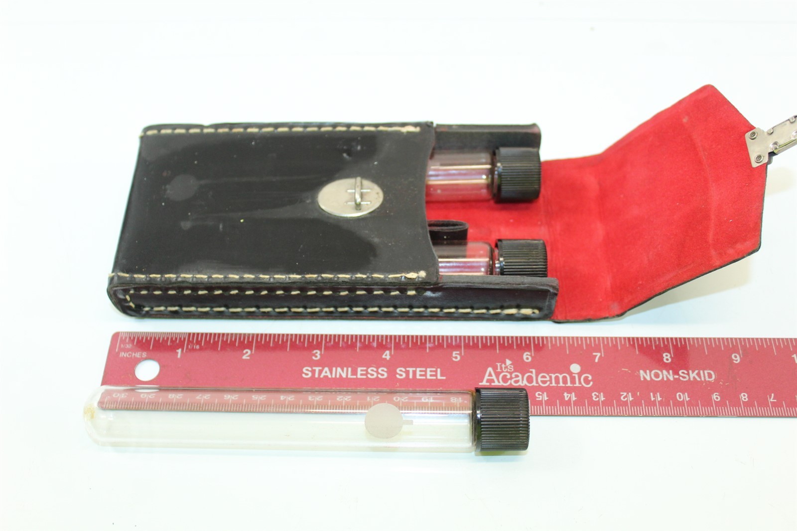 Vintage Photo Test Tubes In Black Leather Pouch Screw On Caps 3 Count Tubes