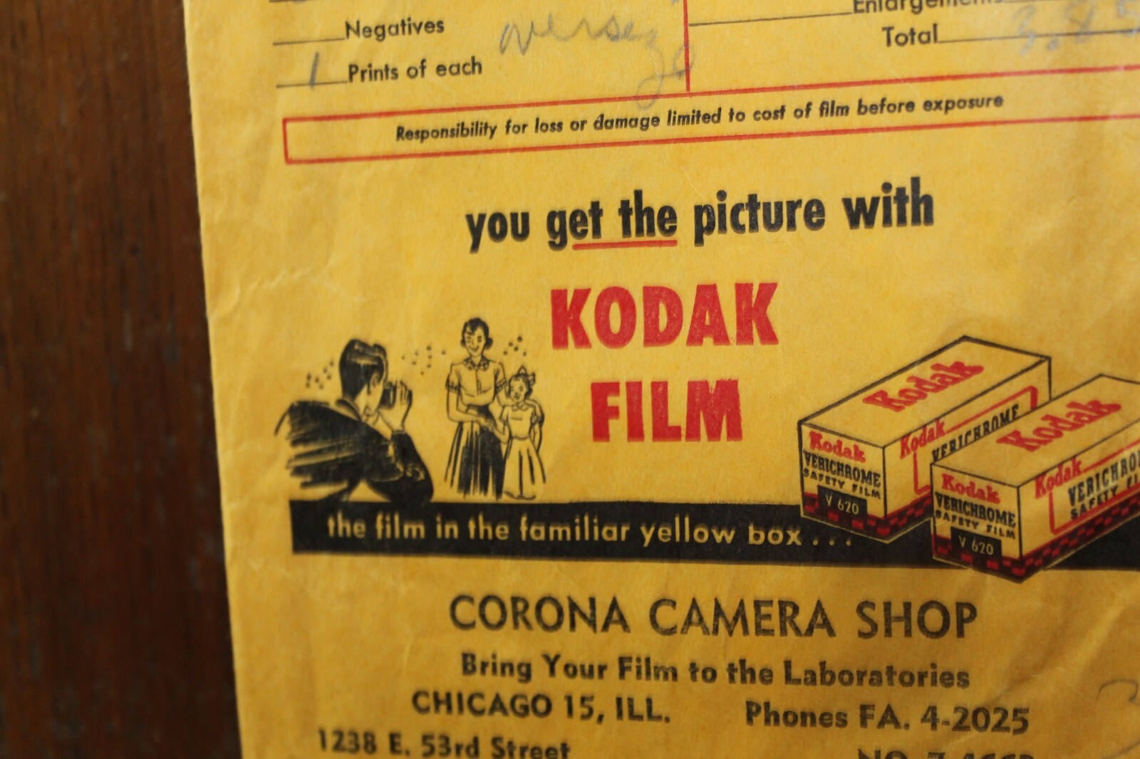 Vintage Empty Kodak Film Envelope Corona Camera Shop Chicago Illinois 1950’s