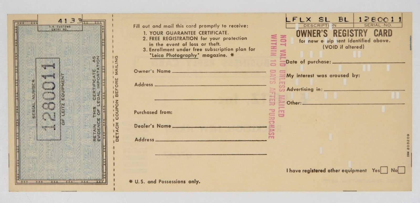 Owner’s Registry Card of Leicaflex SL #1280011
