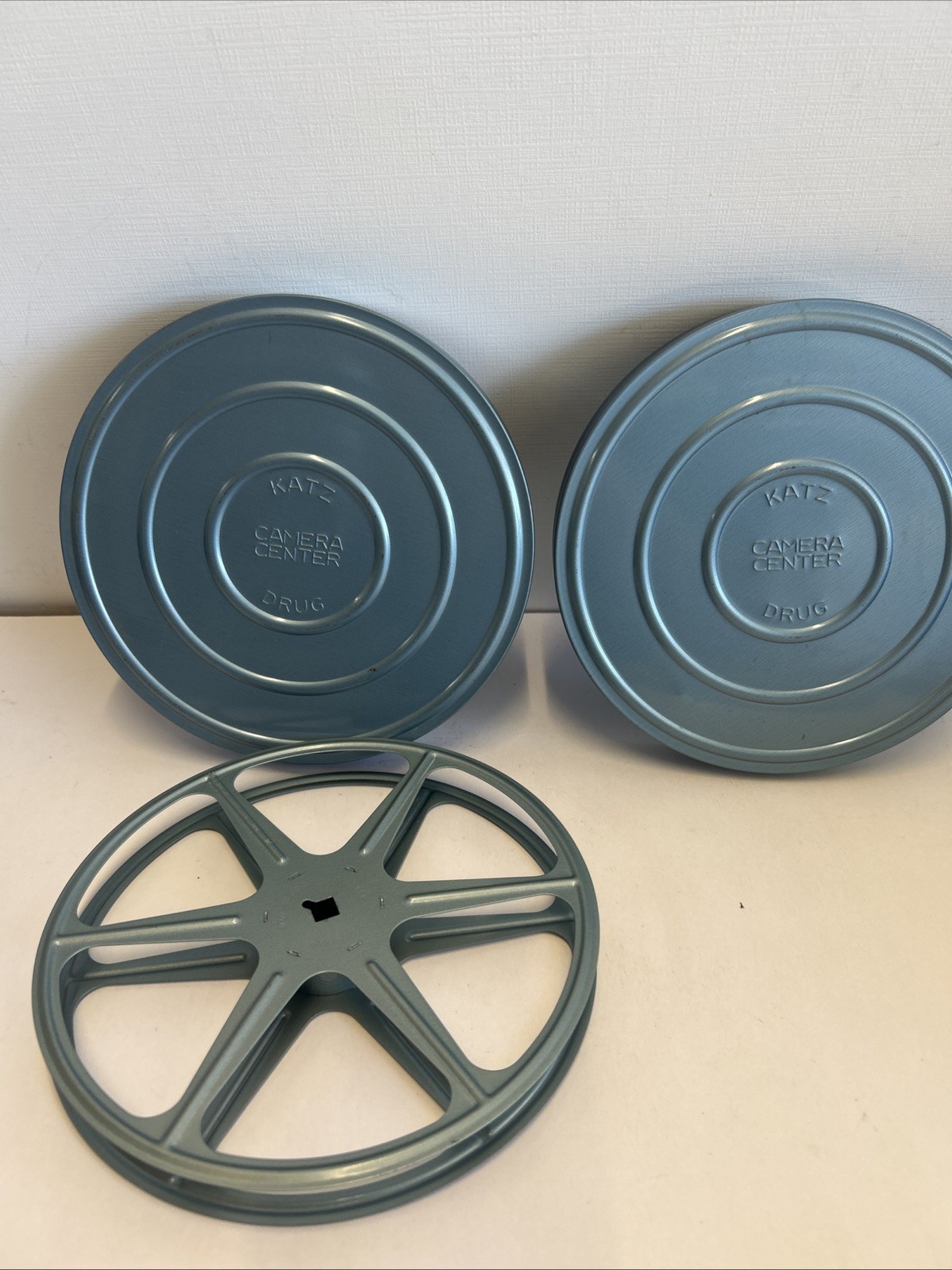 2 Vintage Clean 8mm Empty Film Canisters 7” Katz Drug Store Camera Center Blue