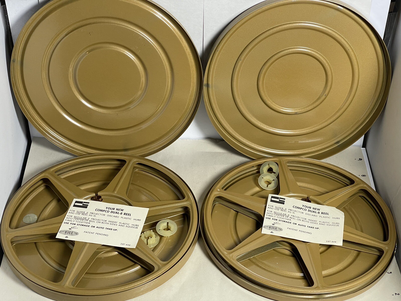Pair Of 2 Vintage Compco Dual 8 Reel Storage Reel & Can Set Of 2