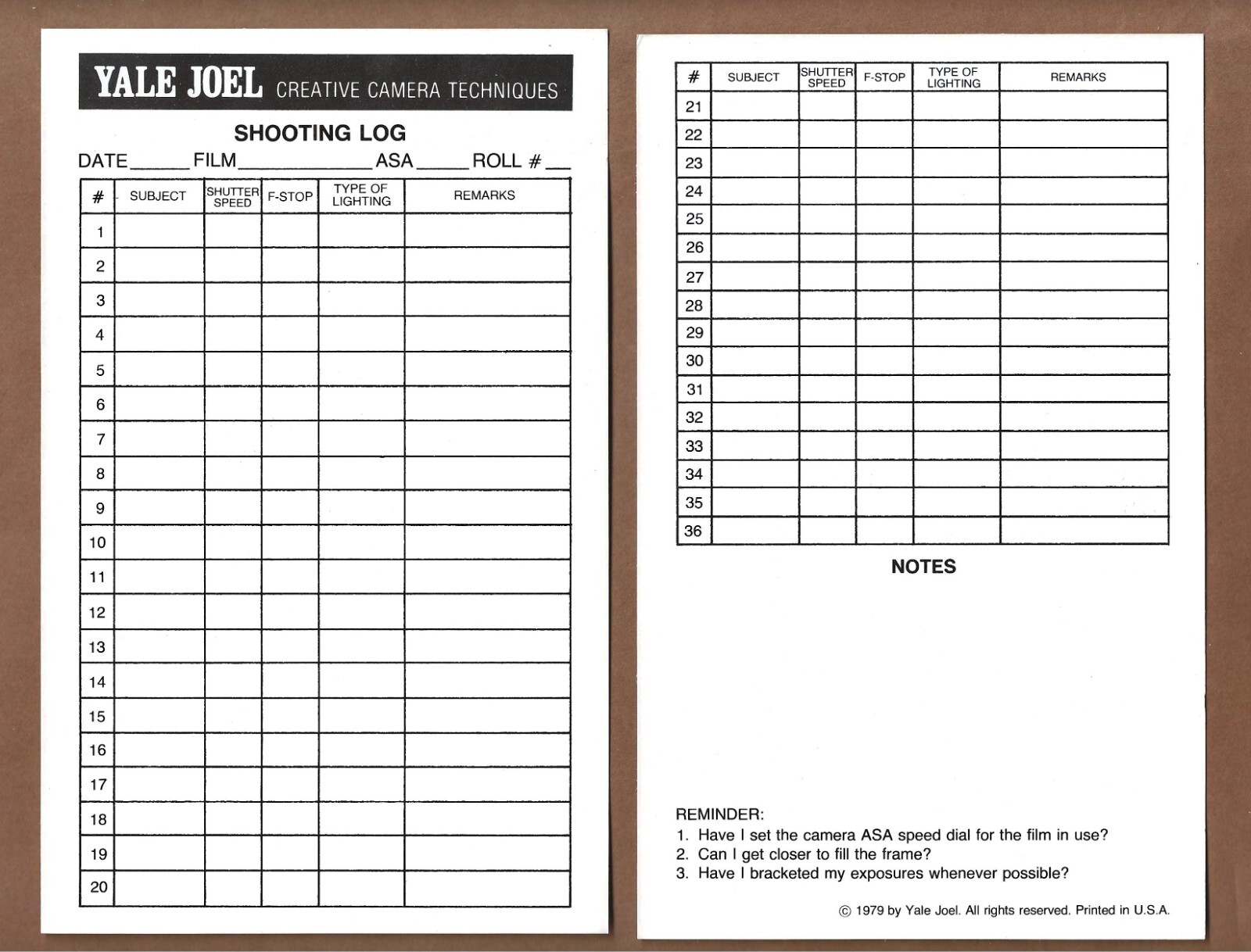 Set of 41 Yale Joel Photography Shooting Logs, Vintage 1979, Cardstock 8″ x 5″