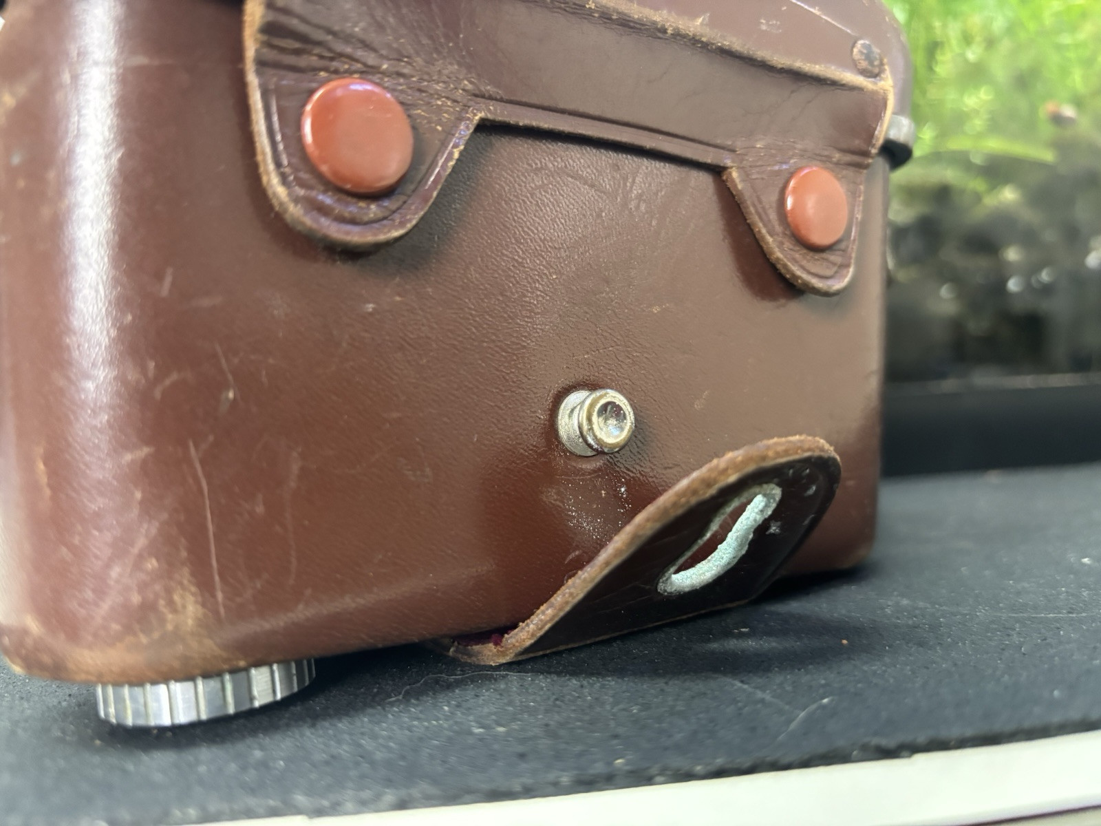 Vintage Brown Film Camera Case Made in Japan lots of wear and rust on metal.