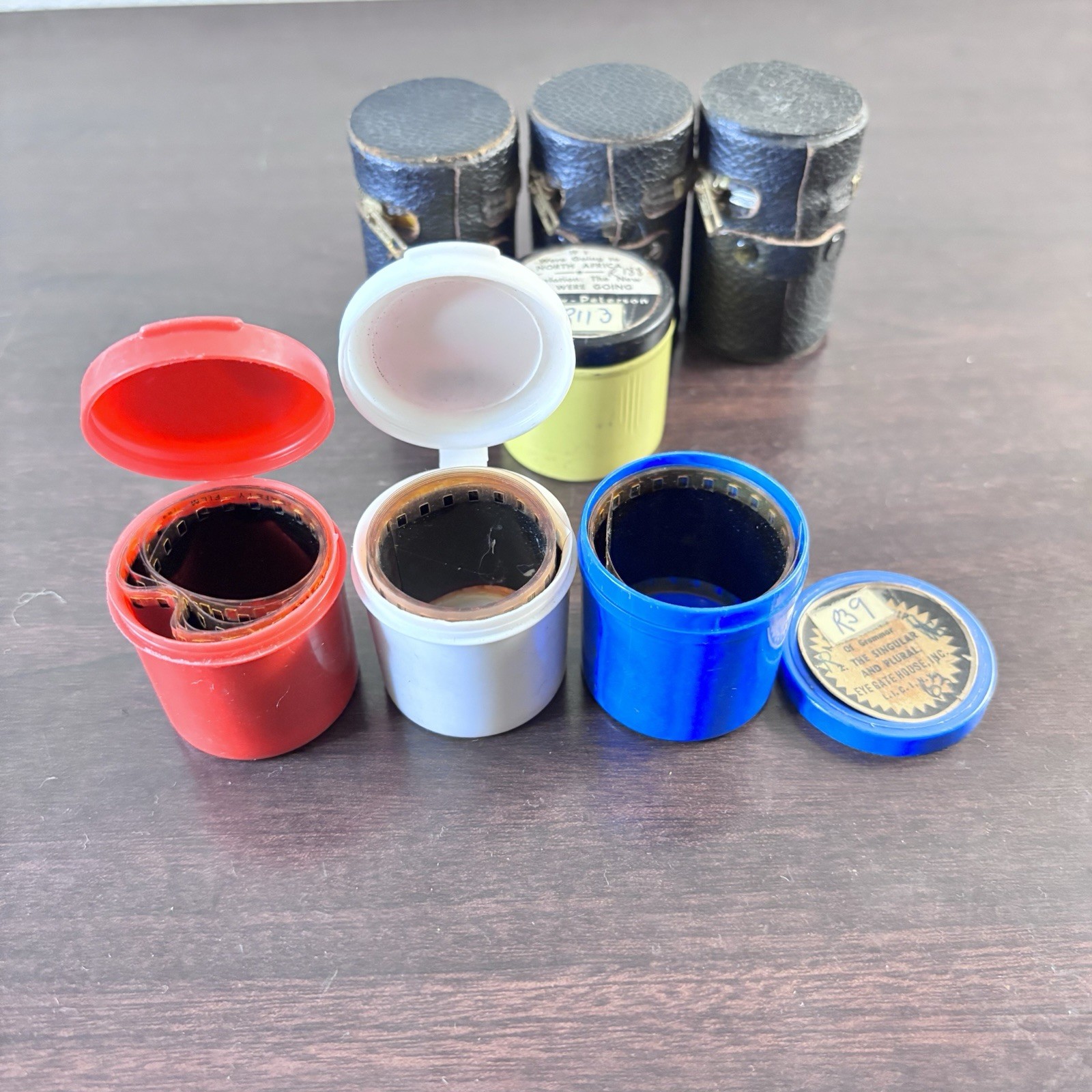 10 Vintage Metal Film Canisters Container Multi-Color Cap w/35mm Film *NOTES*