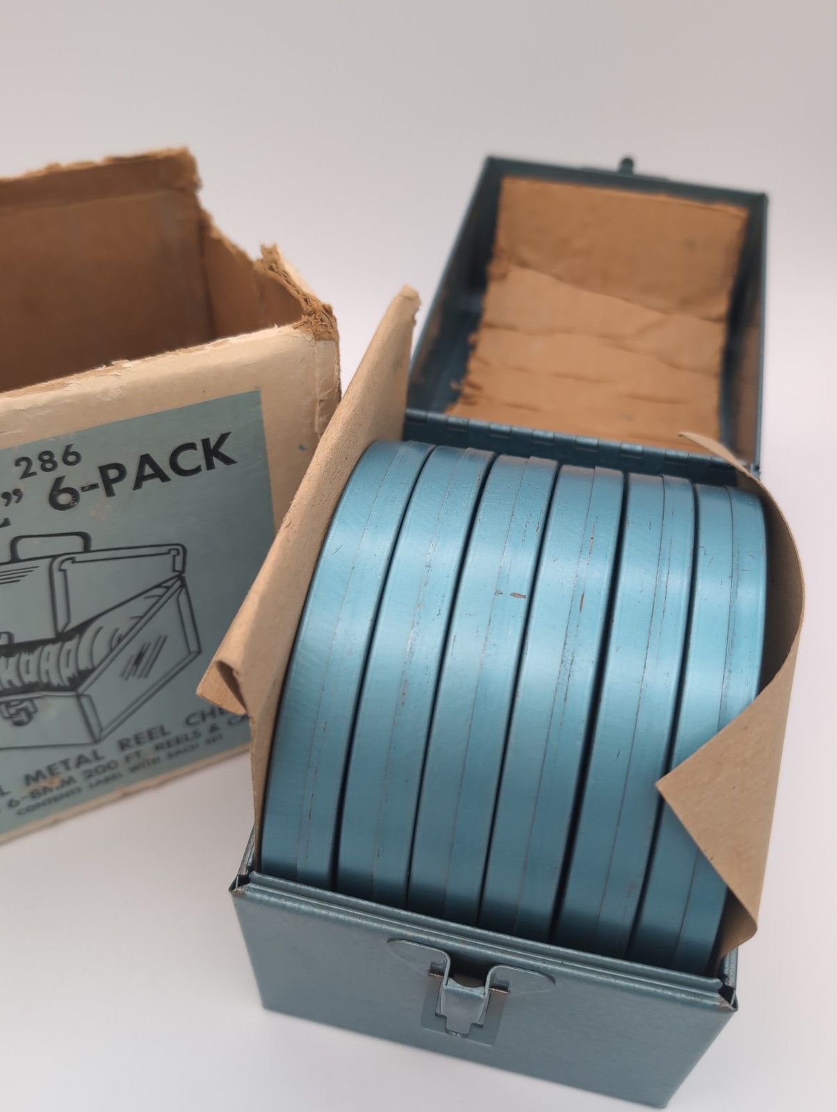 Vtg Metal 8mm Film Reel Blue Storage Case Chest w/ Six 5″ Reels/Canisters