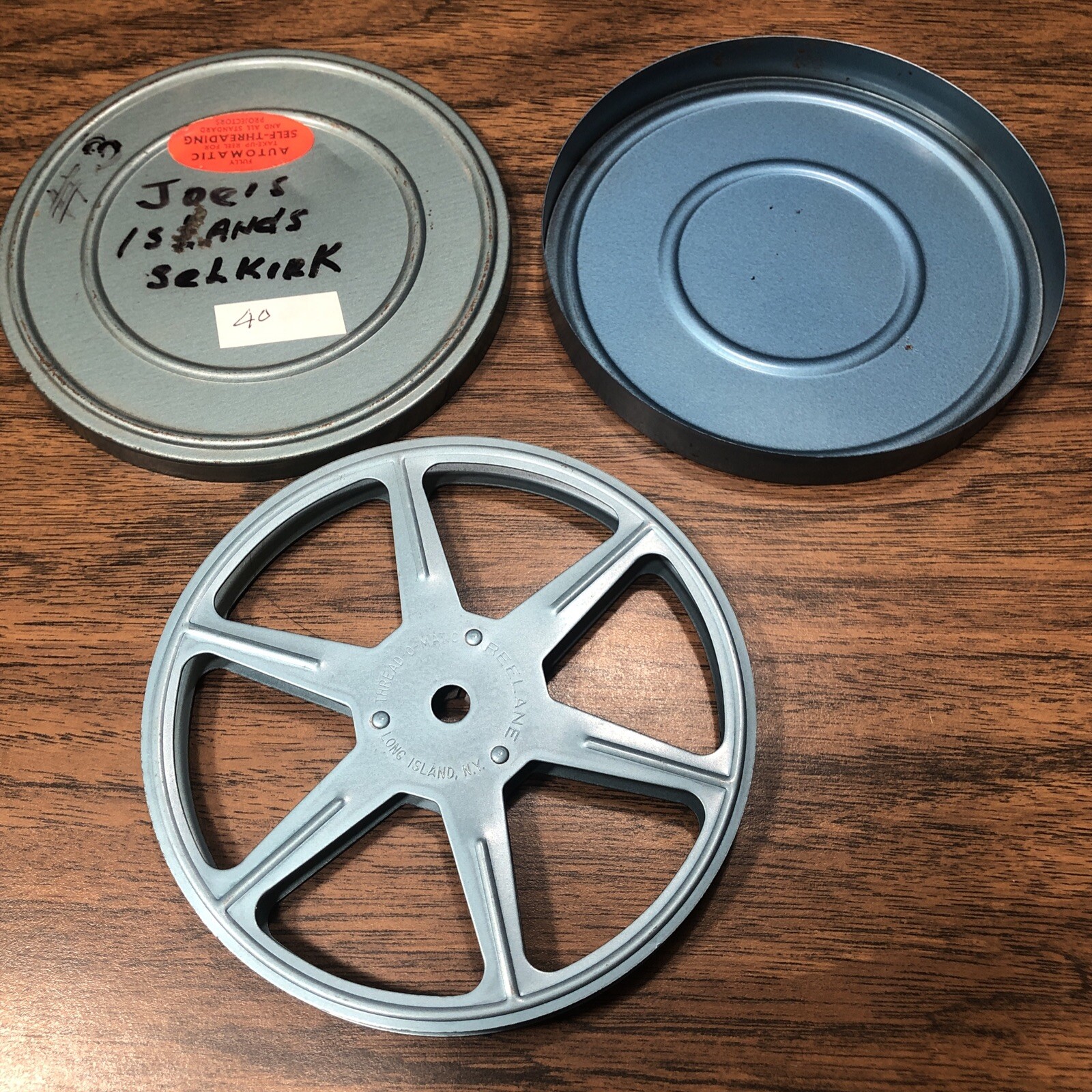 Lot of 2 Blue 8mm Film 5” 200’ Metal Reels & Cans Reelane Thread-o-matic USA