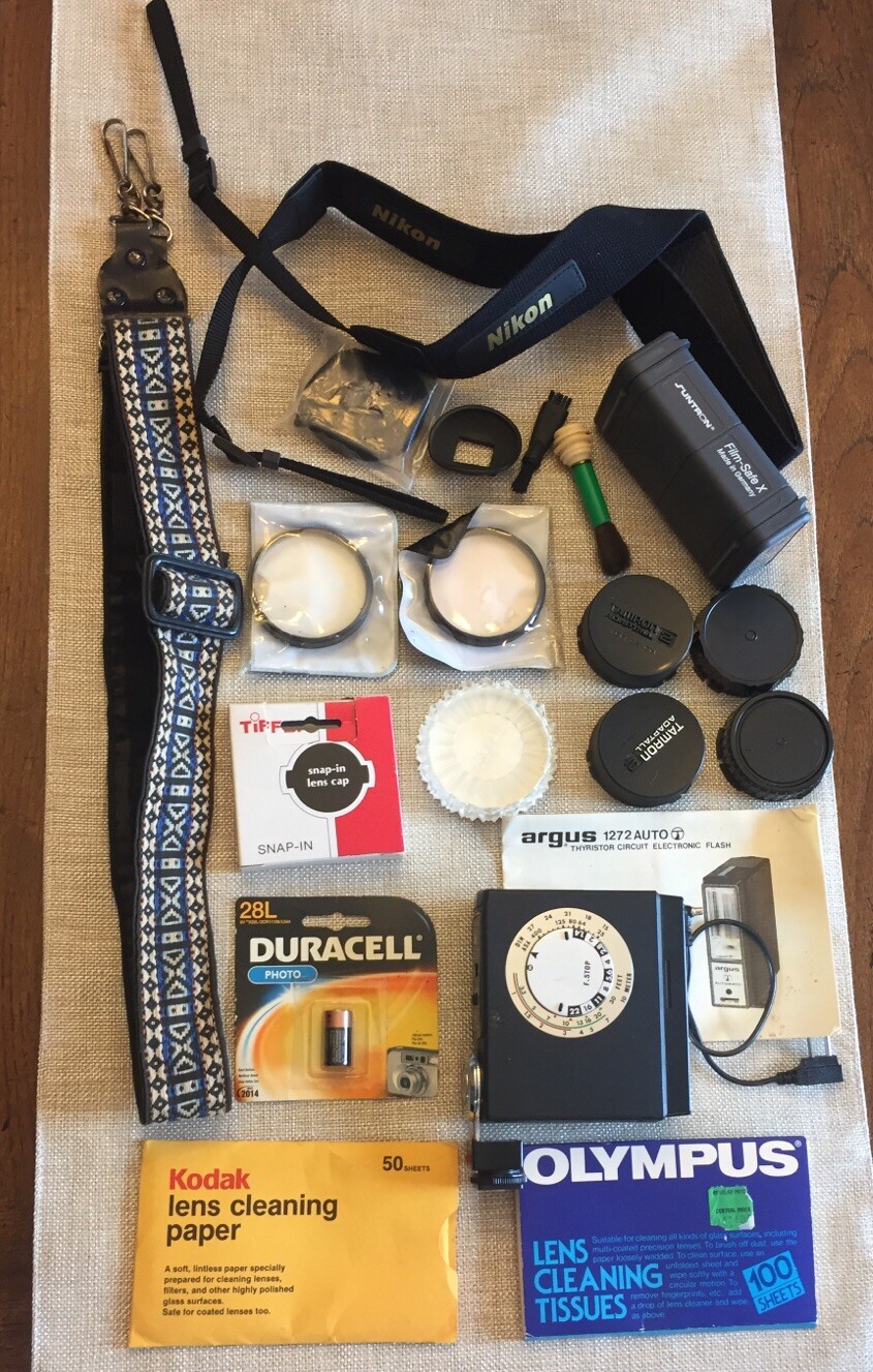 Lot 35mm camera accessories (18) Flash Straps Cap Tissue Brush FilmSafe Filters