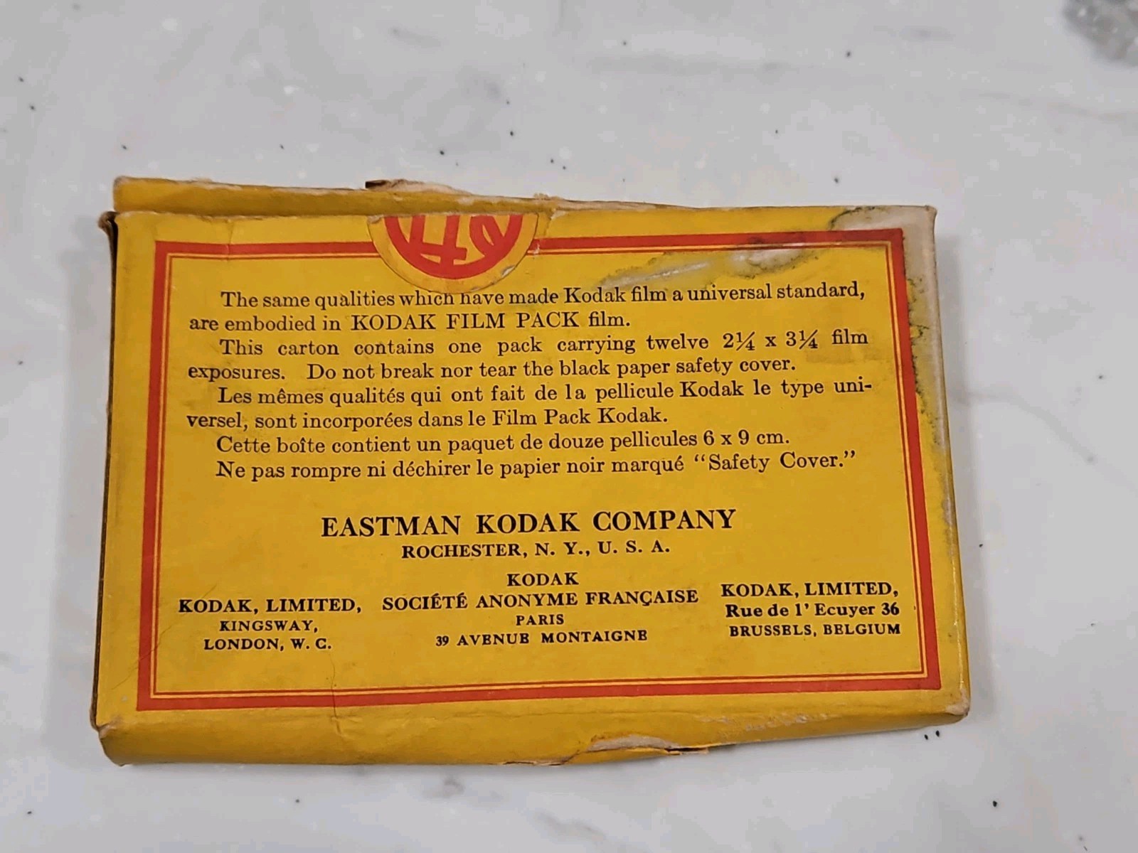 Kodak Box Only For 2 1/4 X 3 1/4 Film Pack, Expire Date June 1927. Original.
