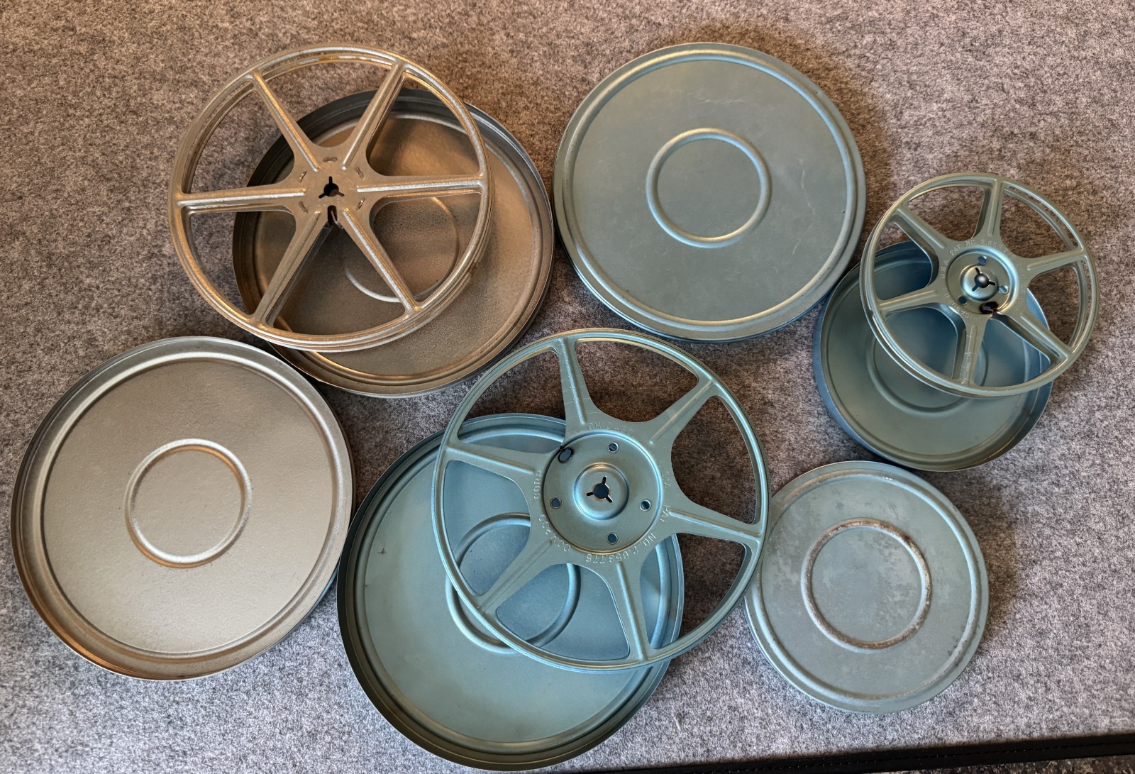 Vintage 3- Compco 7″ /5″ Metal Canisters -Kenco Take Up Film Reels 8mm