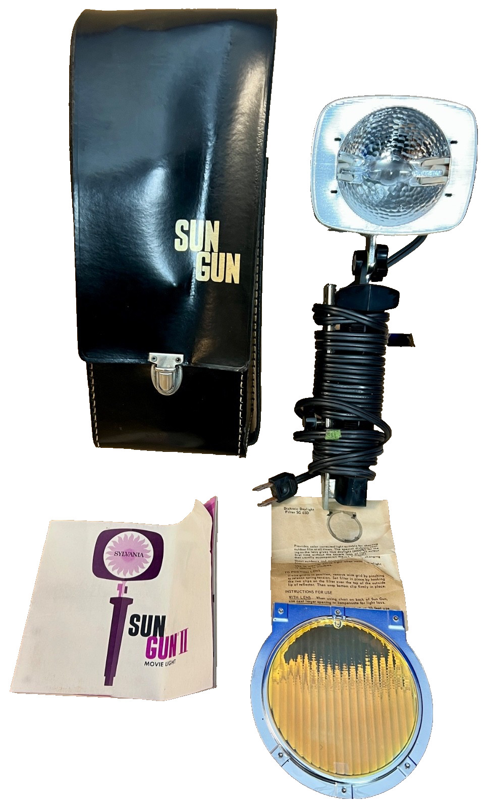 Vintage Sylvania SUN GUN II MOVIE LIGHT+Rare Dichraic Daylight Filter SG65D+Case
