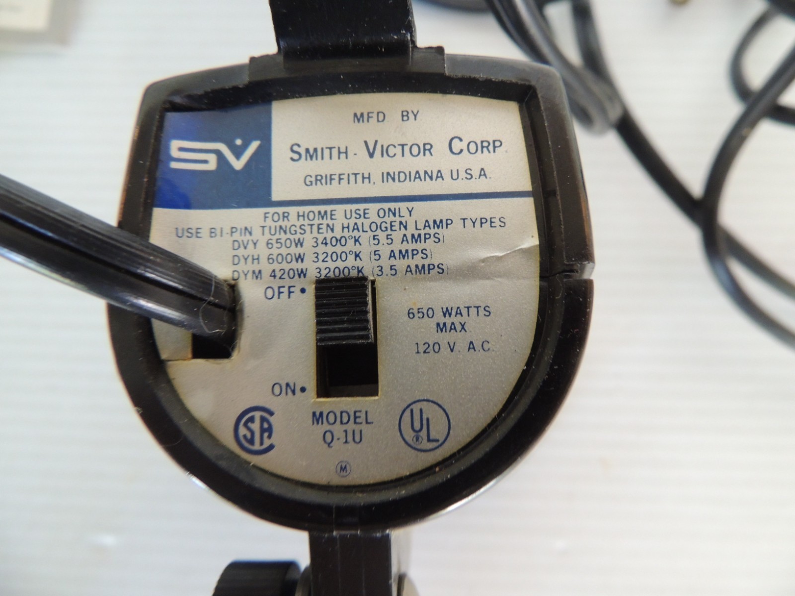 Smith-Victor Movie Light Model Q1U for Super 8 Cameras in Box Working 650 Watt
