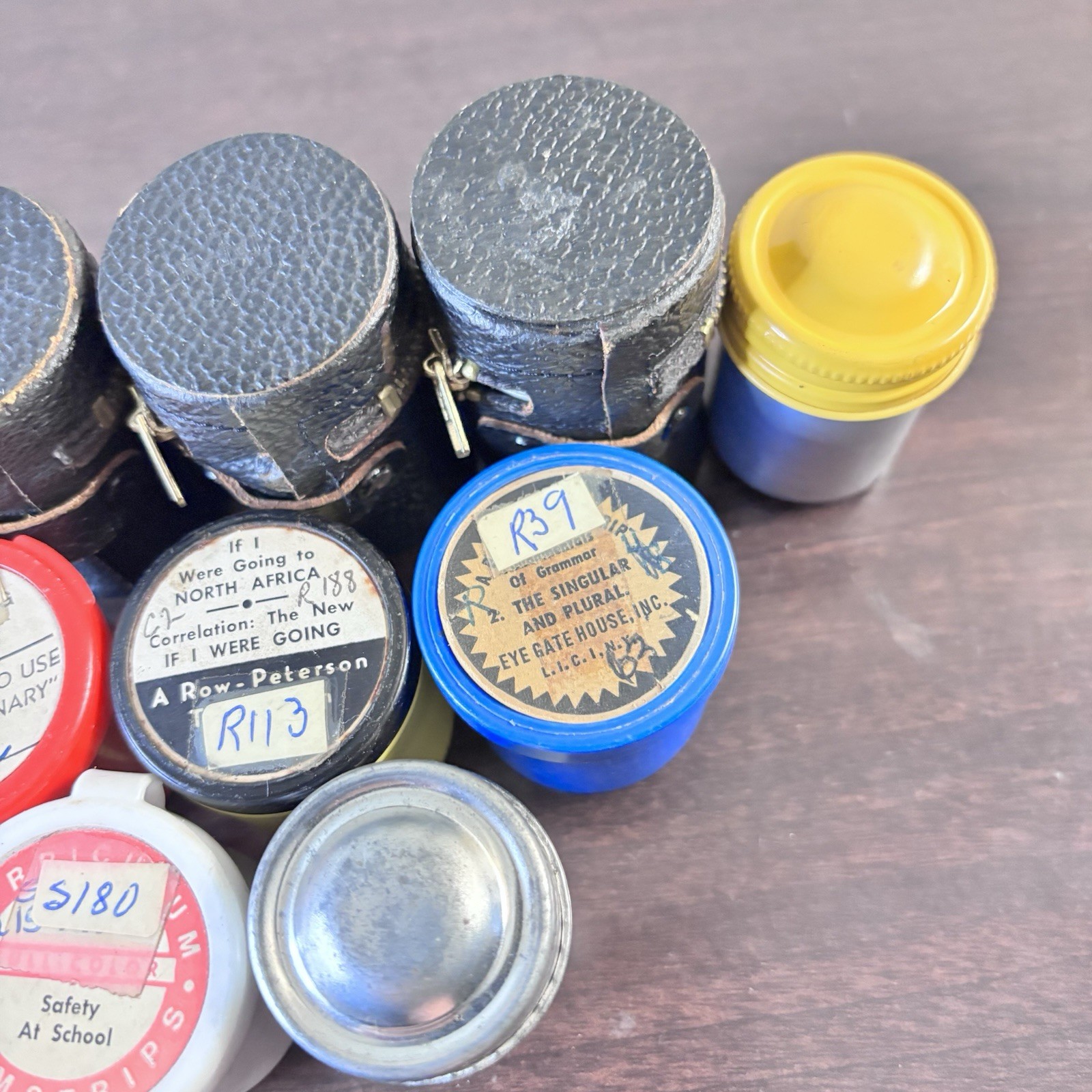 10 Vintage Metal Film Canisters Container Multi-Color Cap w/35mm Film *NOTES*