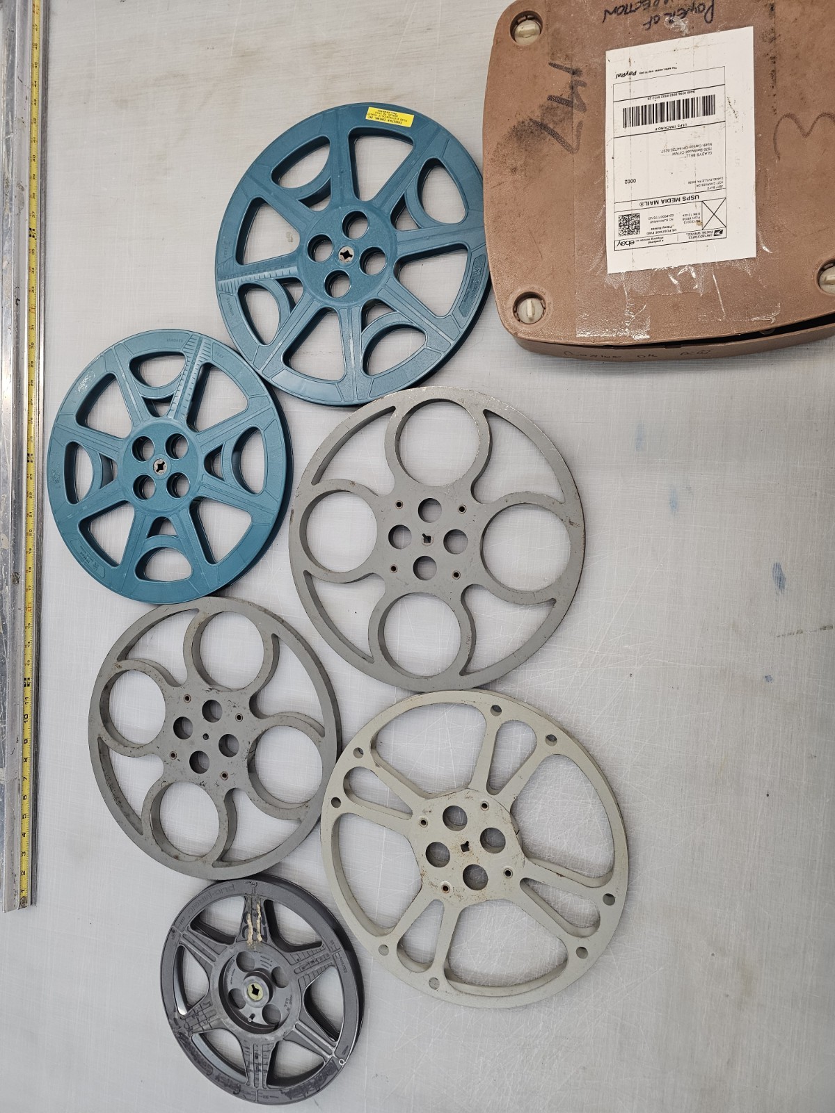 16mm film reels, metal, plastic, with 2-reel case gray, blue